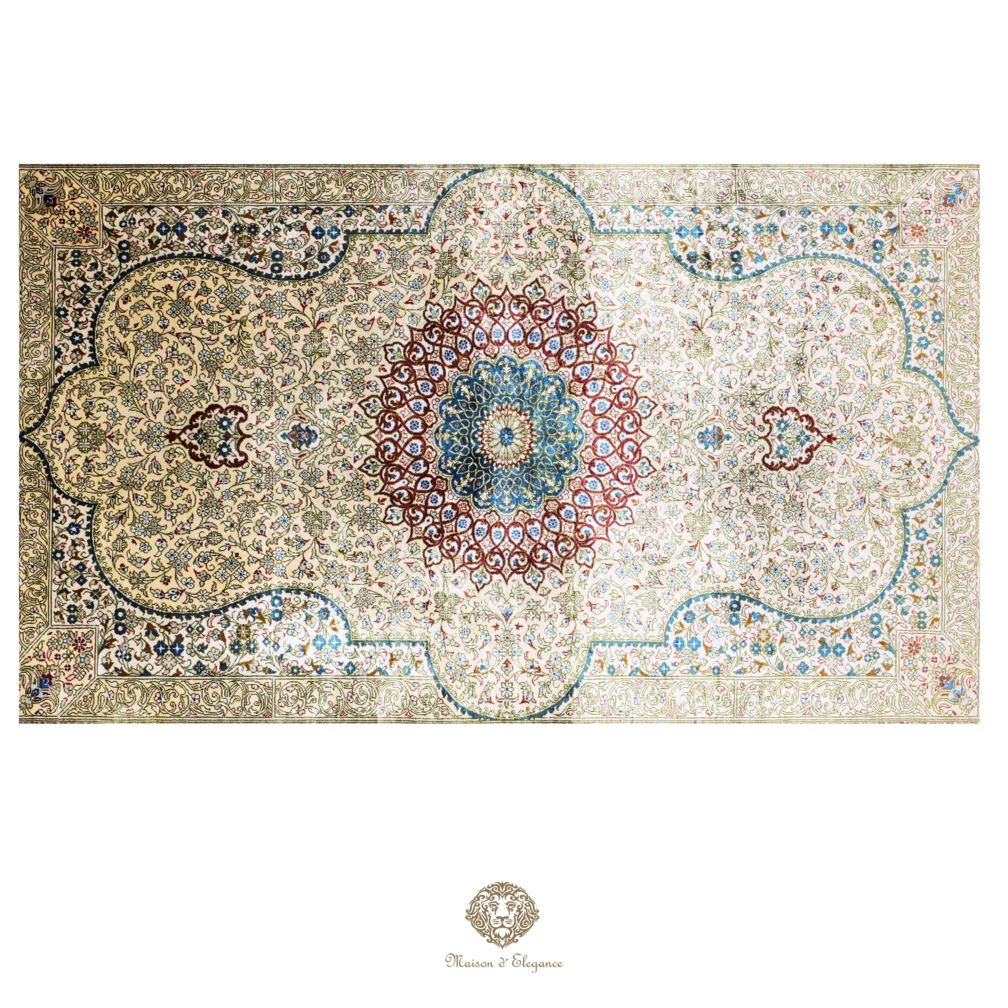 Alfombra persa exclusiva quom de seda pura | Obra maestra anudada a mano con tintes naturales, firmada, 133x196 cm, diseño medalion