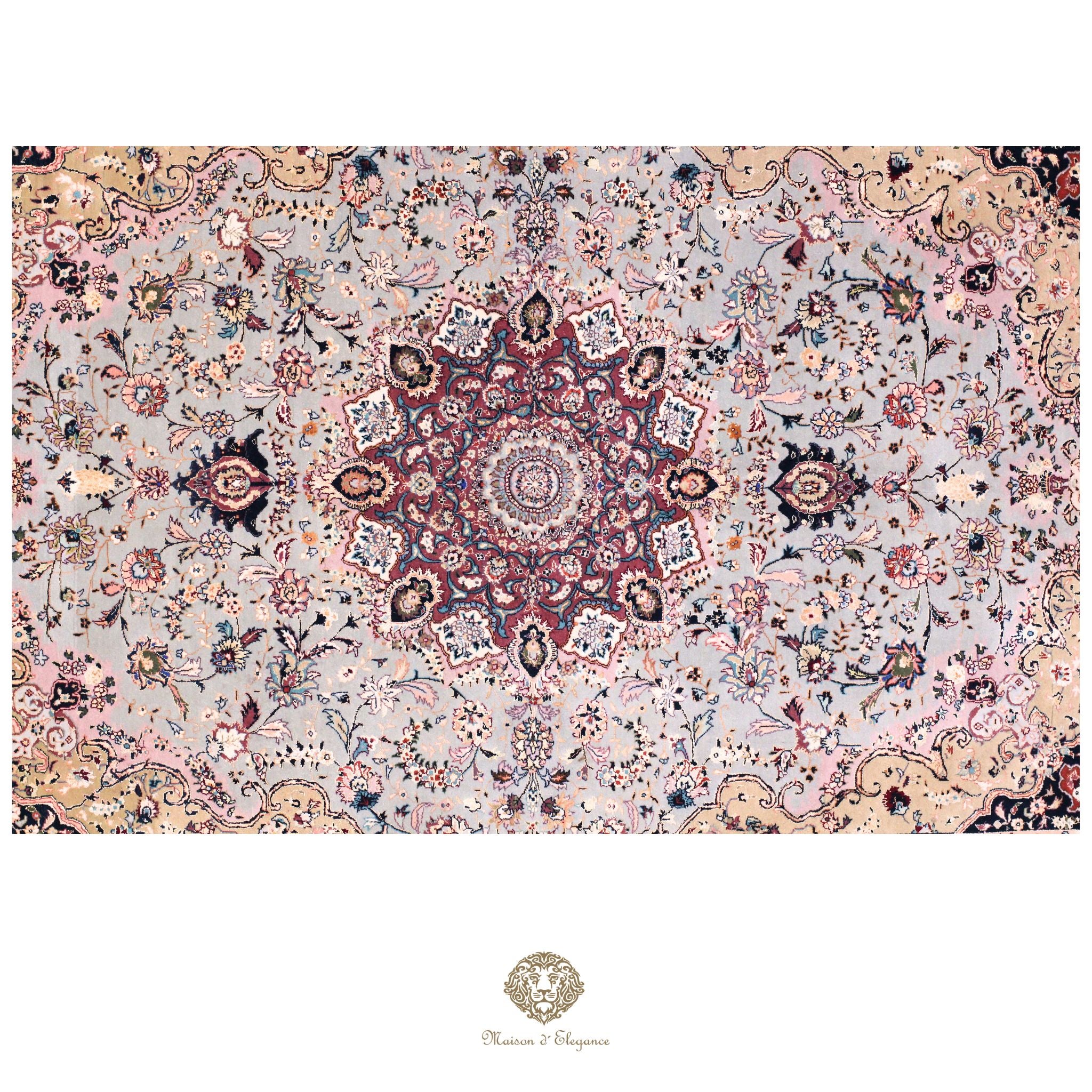 Alfombra persa Tabriz de lujo, lana y seda superfina | Diseño de medallón floral en azul claro, 147 x 215 cm