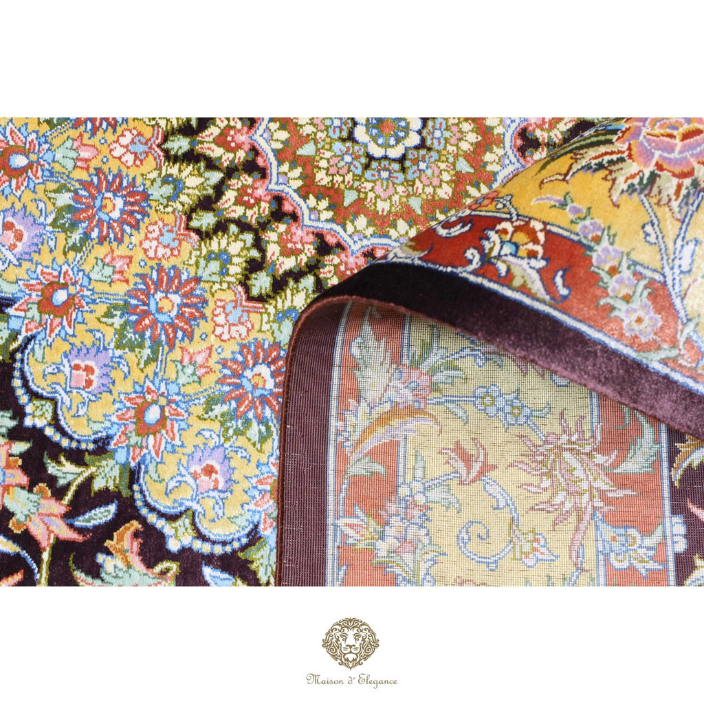 Alfombra persa exclusiva de seda pura, anudada a mano, teñida con tintes naturales, obra maestra con diseño de medallón, firmada, 95 x 152 cm.