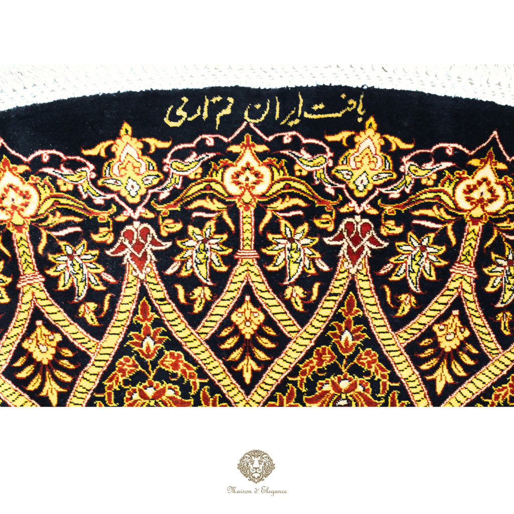 Alfombra persa redonda Qom superfina exclusiva, de seda pura, anudada a mano, teñida con tintes naturales, obra maestra de alta gama, firmada, 209 x 210 cm de diámetro.
