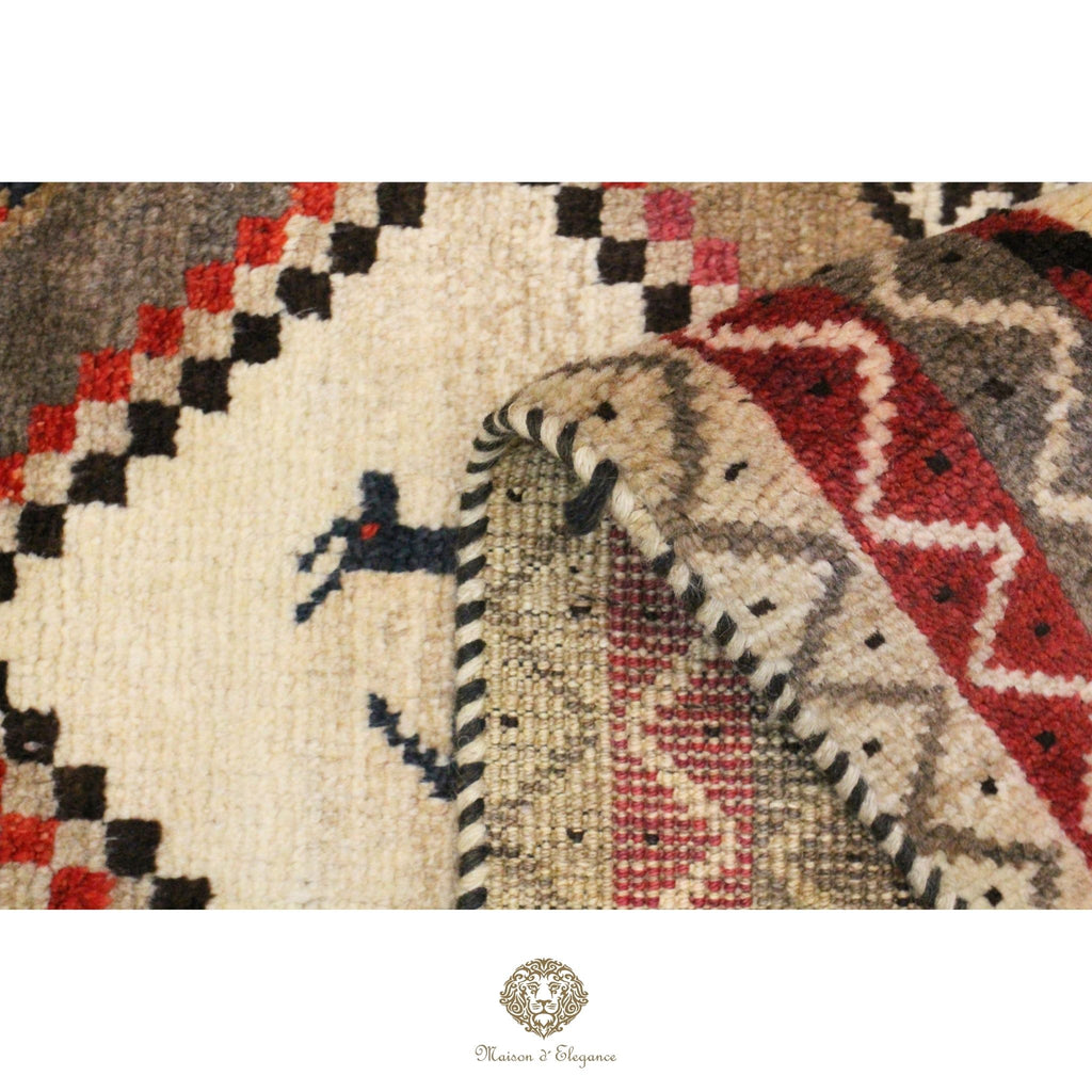 Close-up of a patterned rug with geometric design