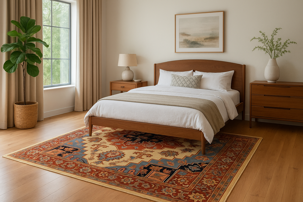 Bedroom with wooden bed, nightstands, and a large rug.