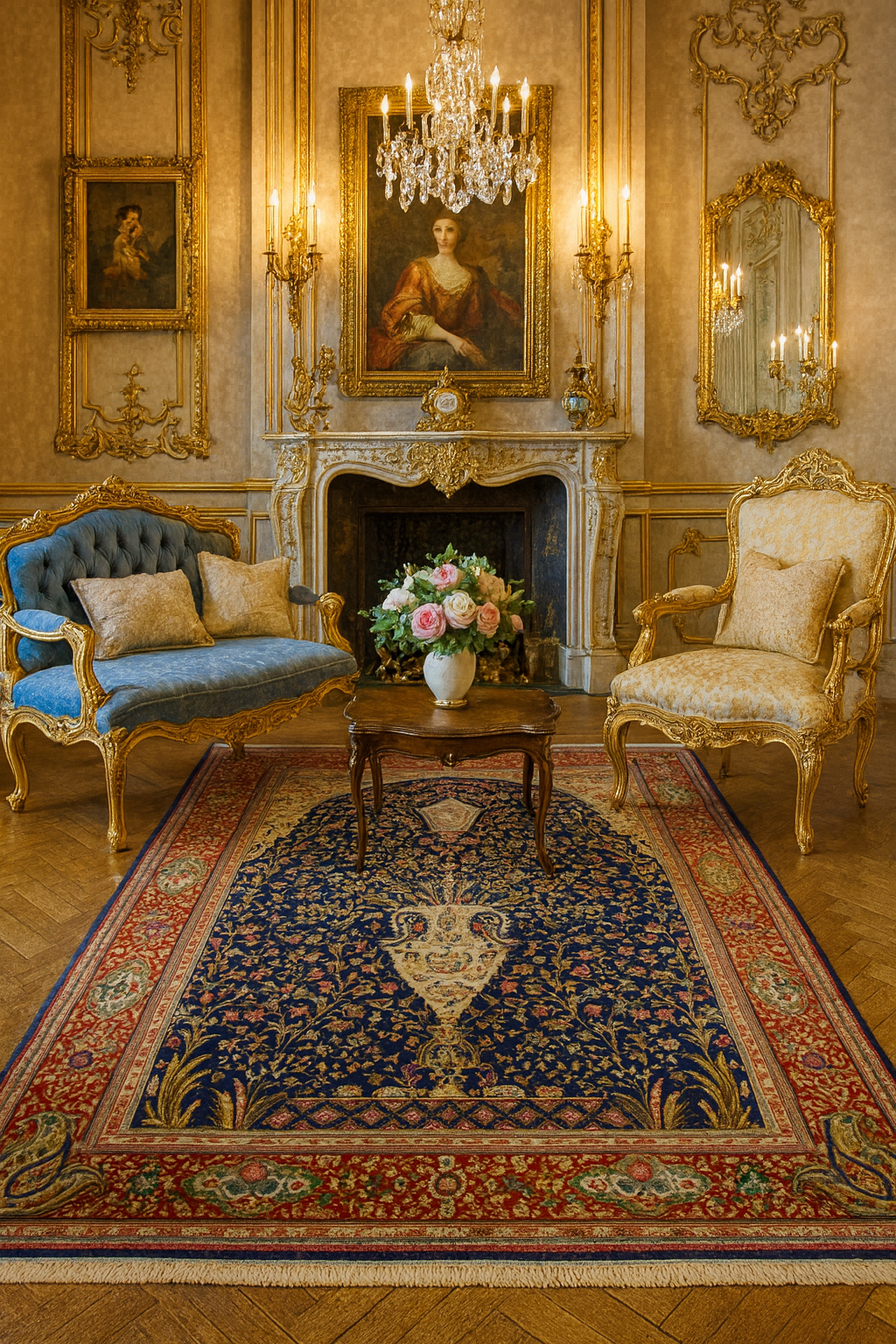 Rare Persian Kerman Prayer Rug | King Blue Mille Fleur Crown Pattern Wool natural dyed