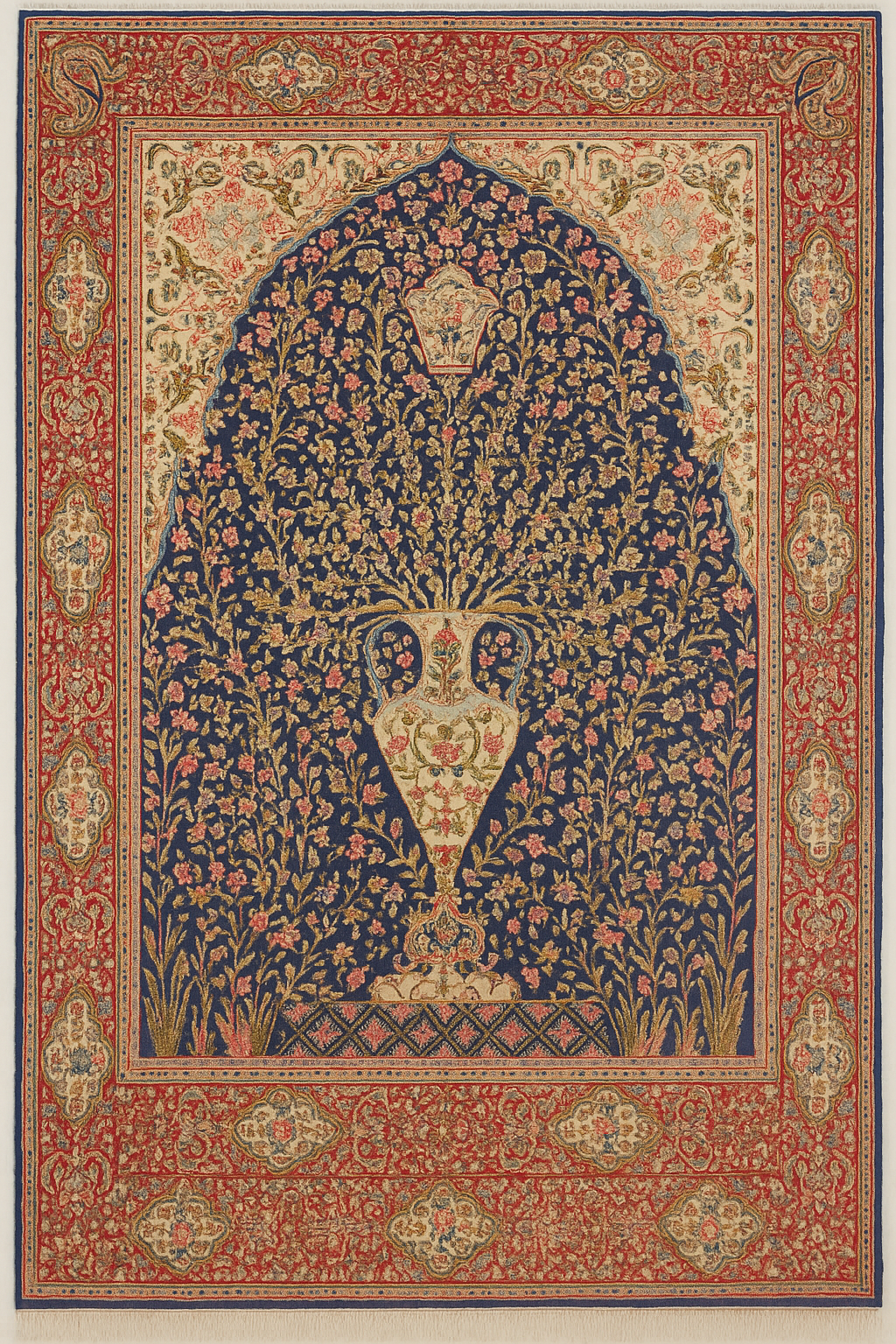 Rare Persian Kerman Prayer Rug | King Blue Mille Fleur Crown Pattern Wool natural dyed