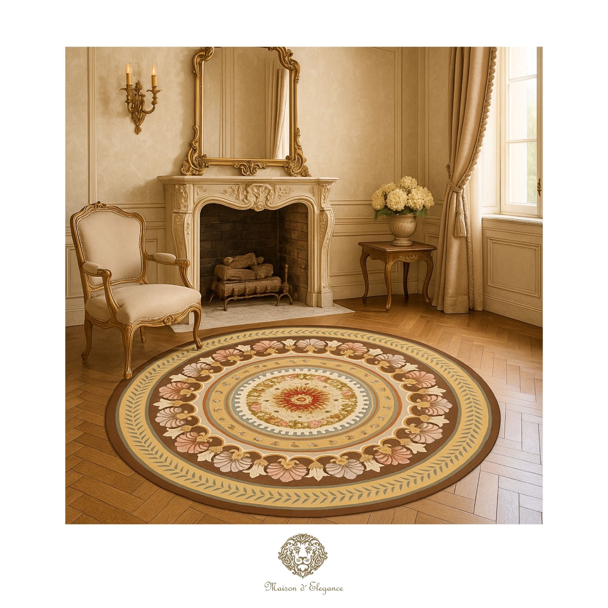Decorative round French Aubusson with floral patterns in a classic room with a fireplace and chair.