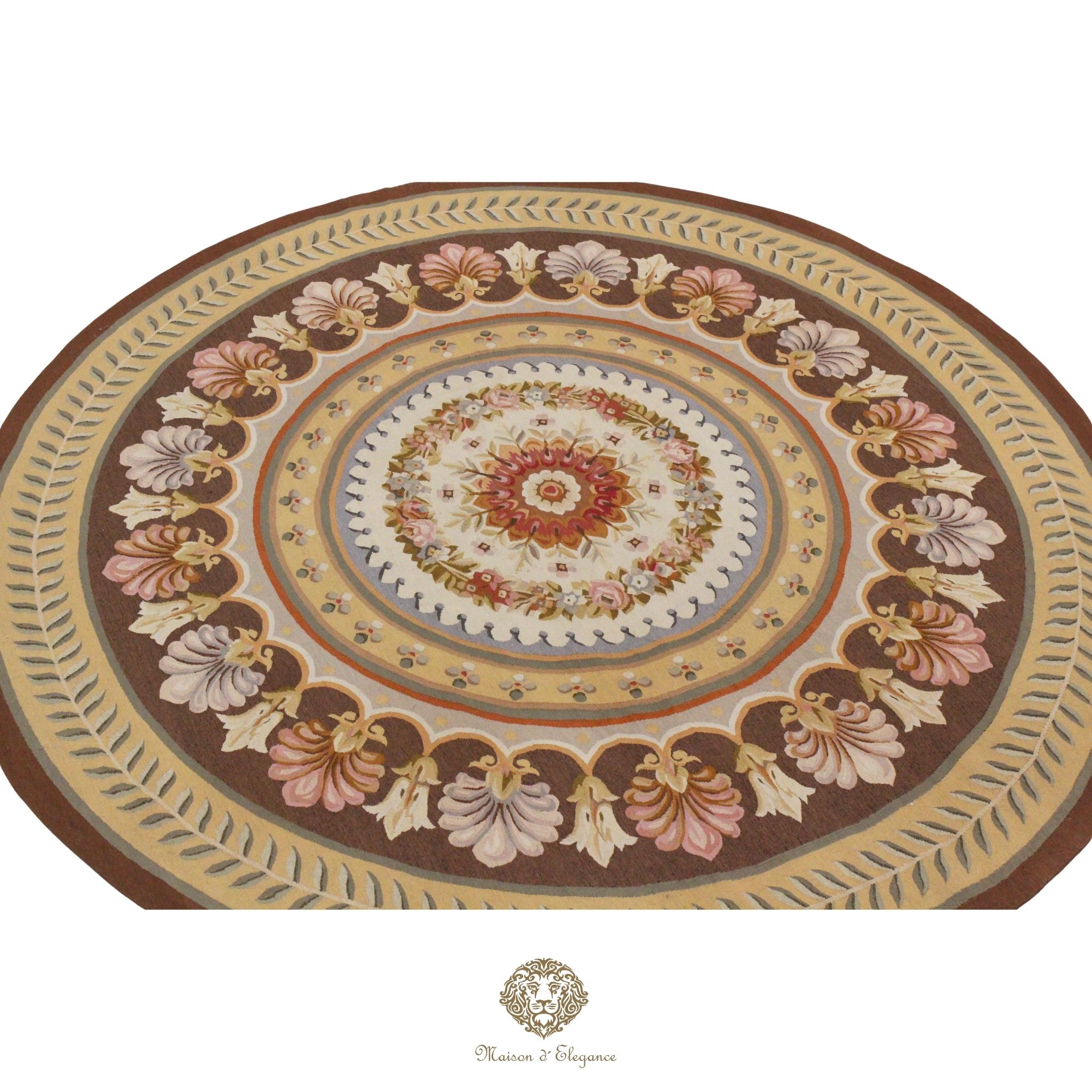 Round decorative French Aubusson with floral pattern on a brown background