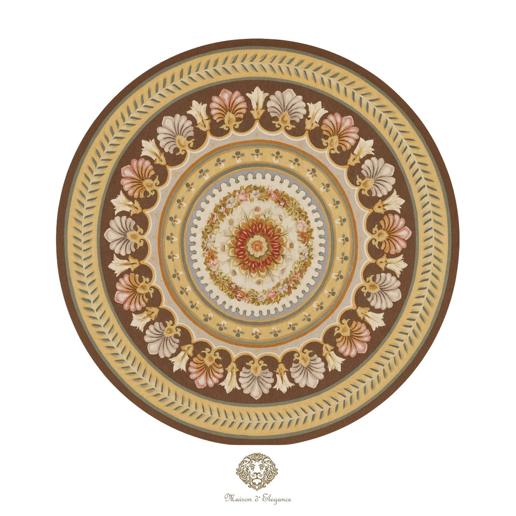 Decorative French Aubusson with intricate floral patterns on a brown background