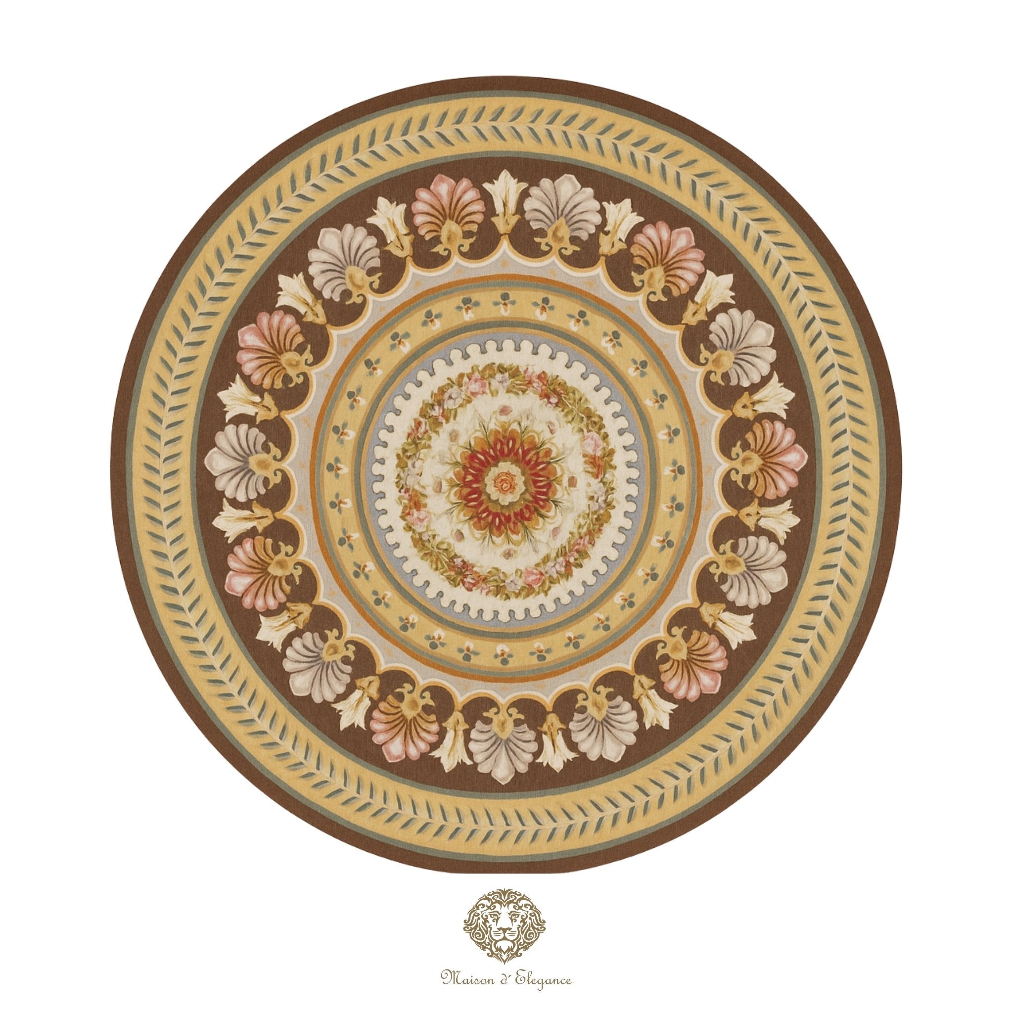 Decorative French Aubusson with intricate floral patterns on a brown background