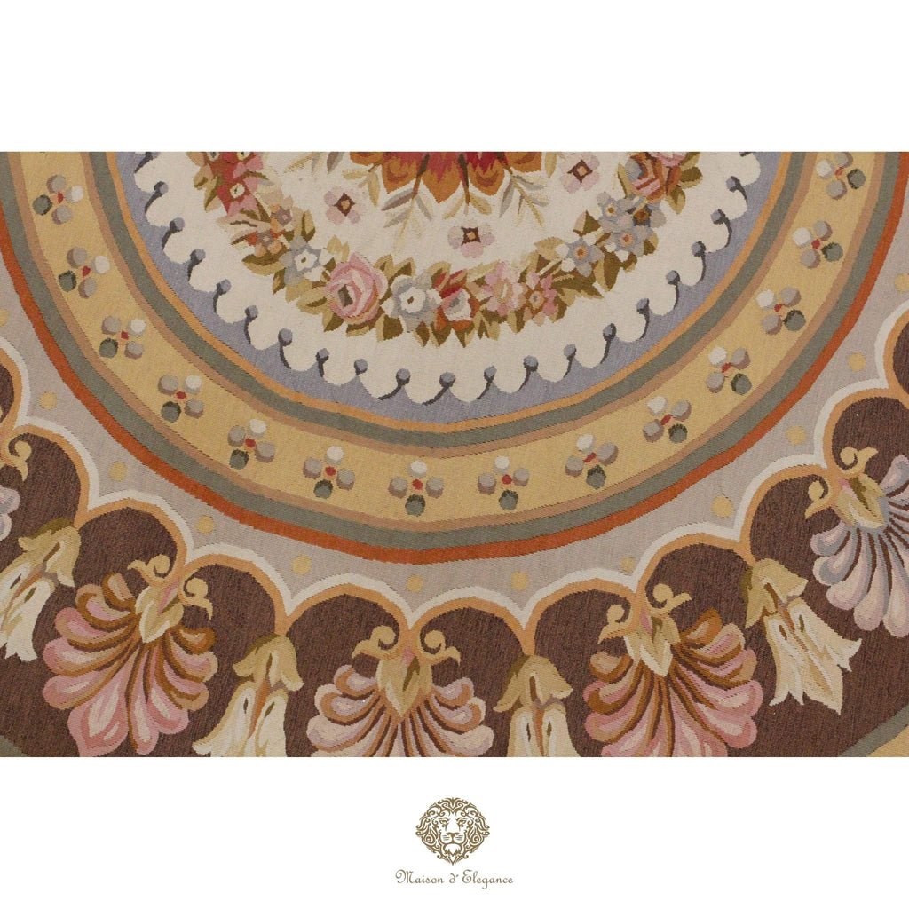 Decorative French Aubusson with floral and leaf patterns on a brown background