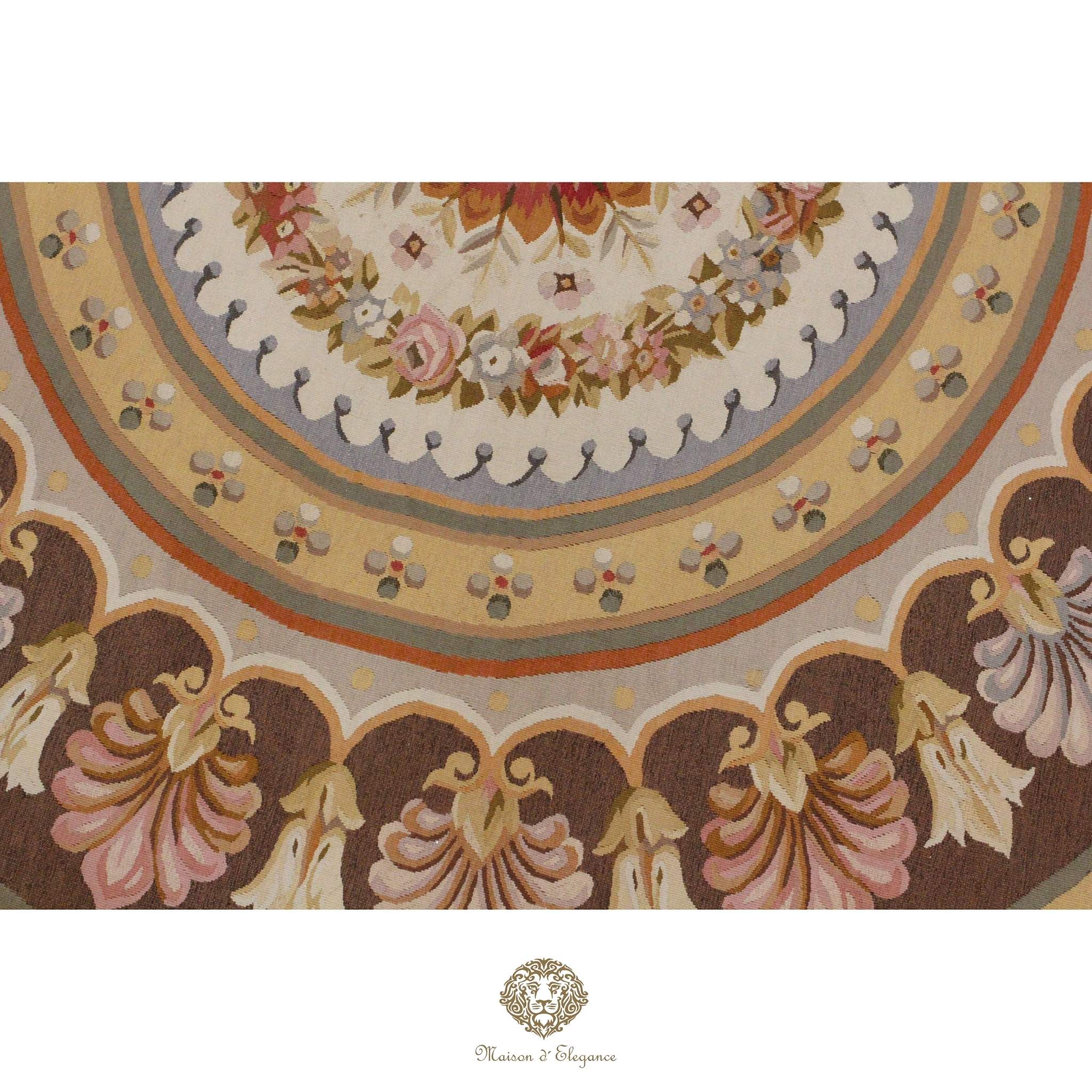 Decorative French Aubusson with floral and leaf patterns on a brown background
