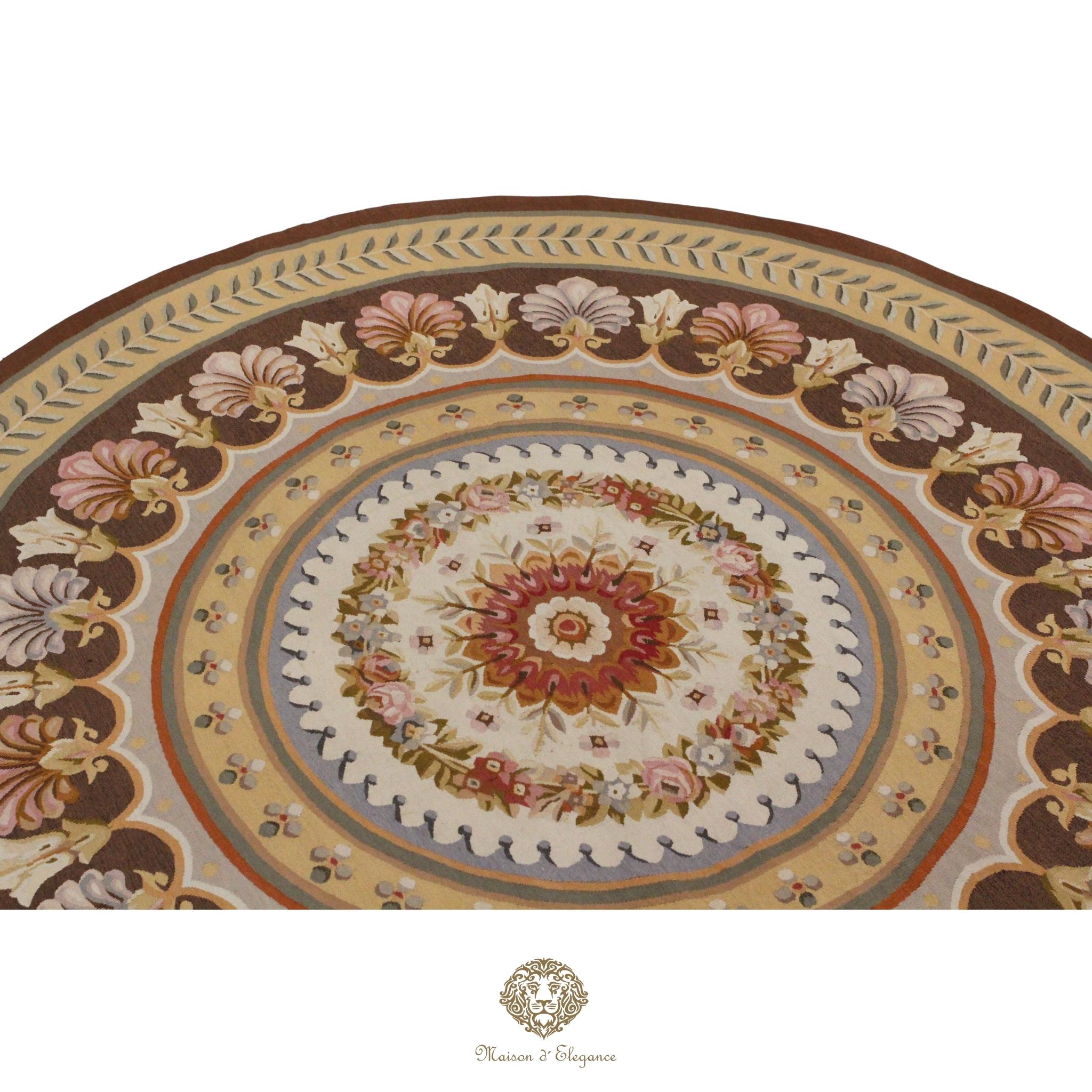 Decorative round French Aubusson with floral patterns on a brown background