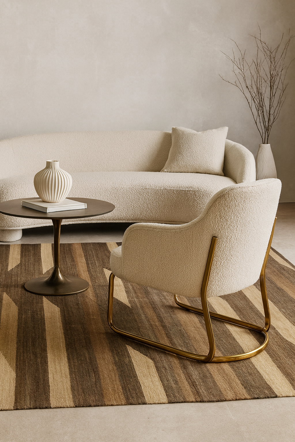 Beige sofa and armchair with a side table on a striped rug in a modern living room.