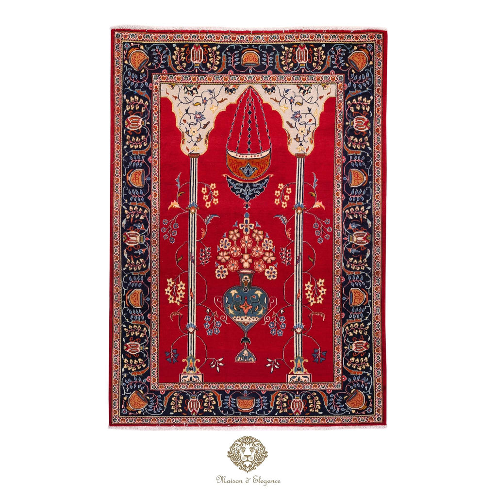 Decorative rug with intricate patterns on a red background