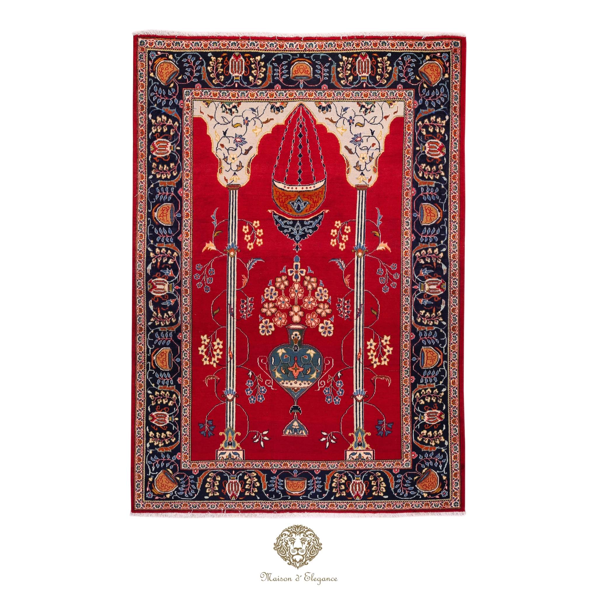 Decorative rug with intricate patterns on a red background