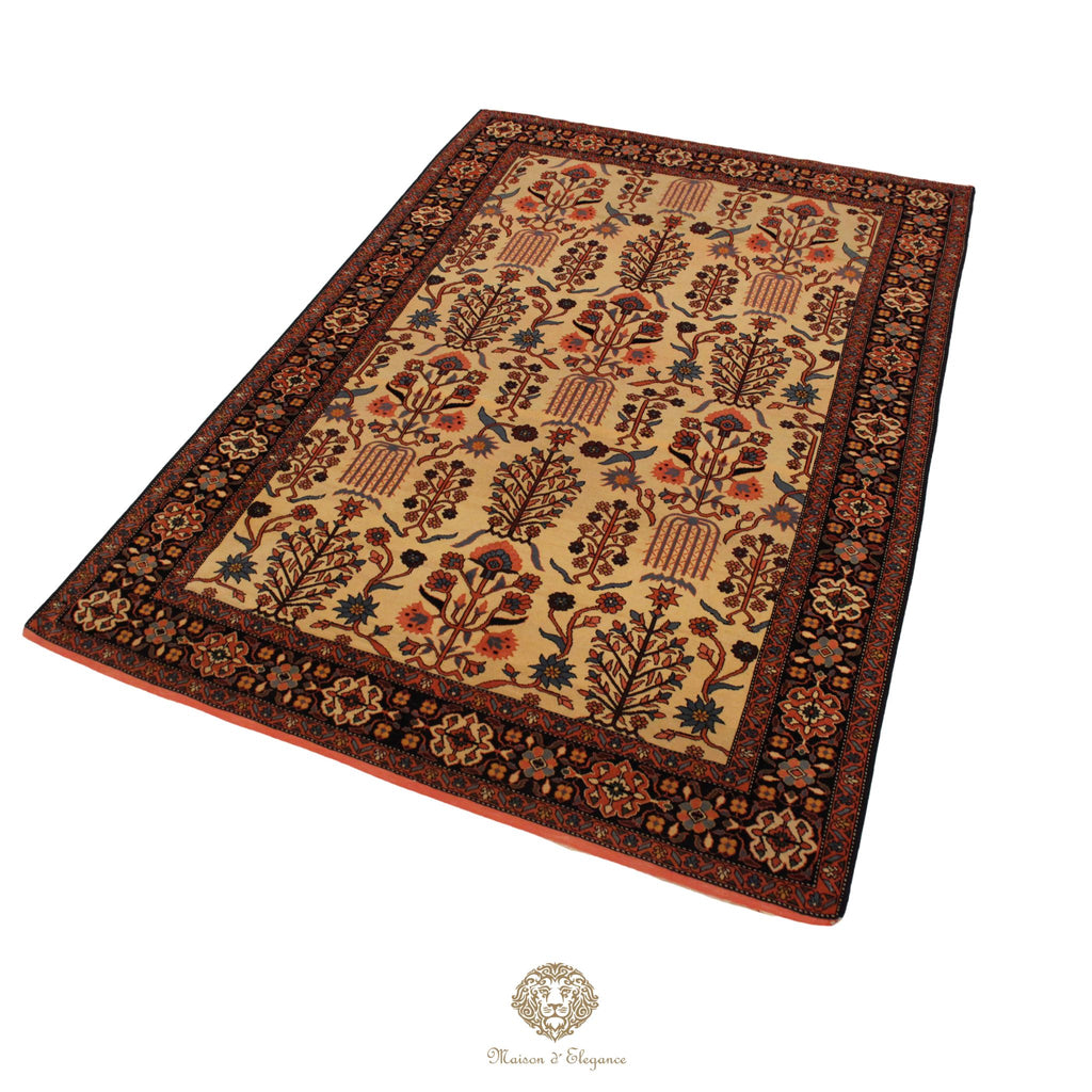 Decorative rug with intricate patterns on a ivory background