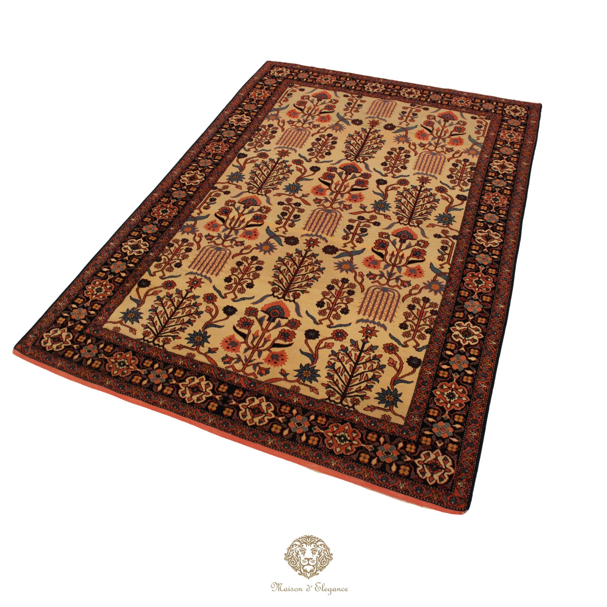 Decorative rug with intricate patterns on a ivory background