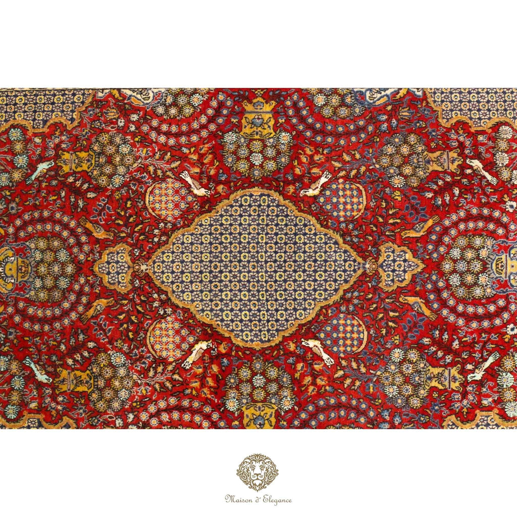 Decorative rug with intricate patterns on a red background