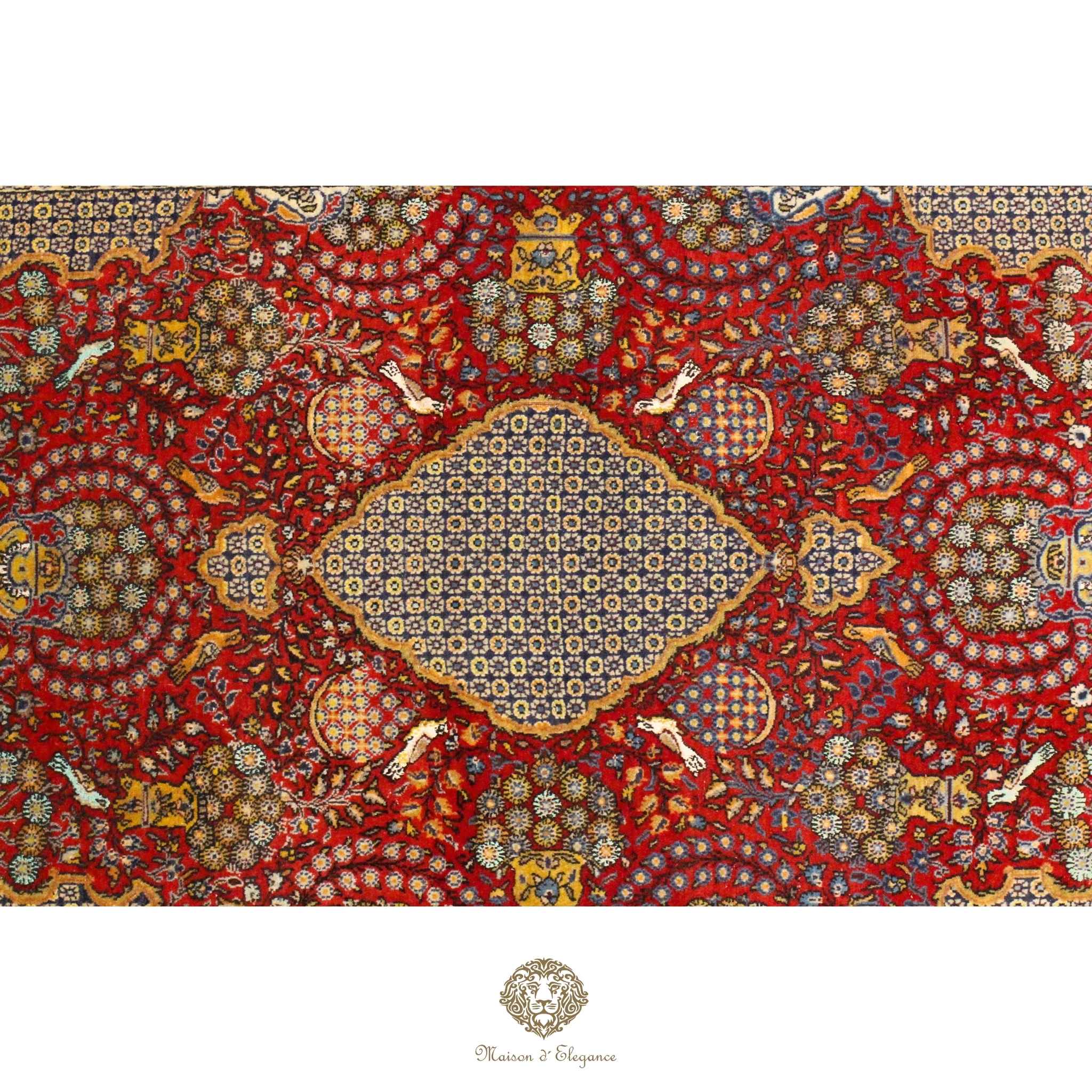 Decorative rug with intricate patterns on a red background