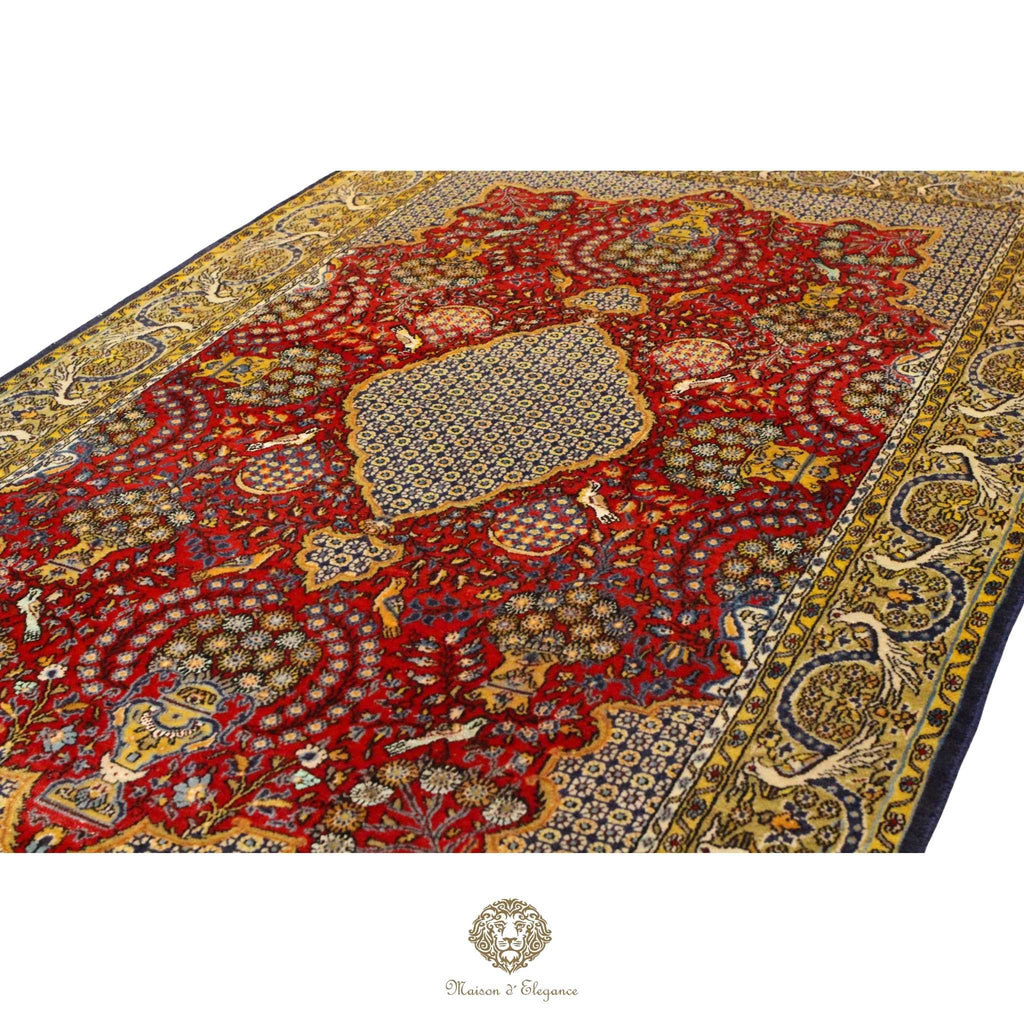 Decorative rug with intricate patterns on a red background