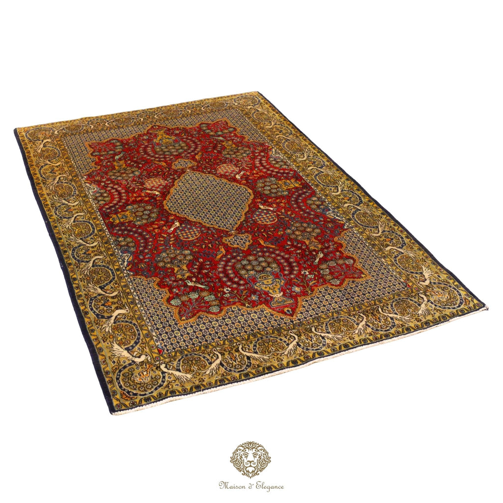 Decorative rug with intricate patterns on a red background