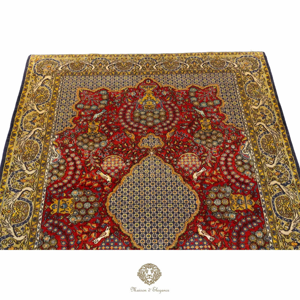 Decorative rug with intricate patterns on a red background