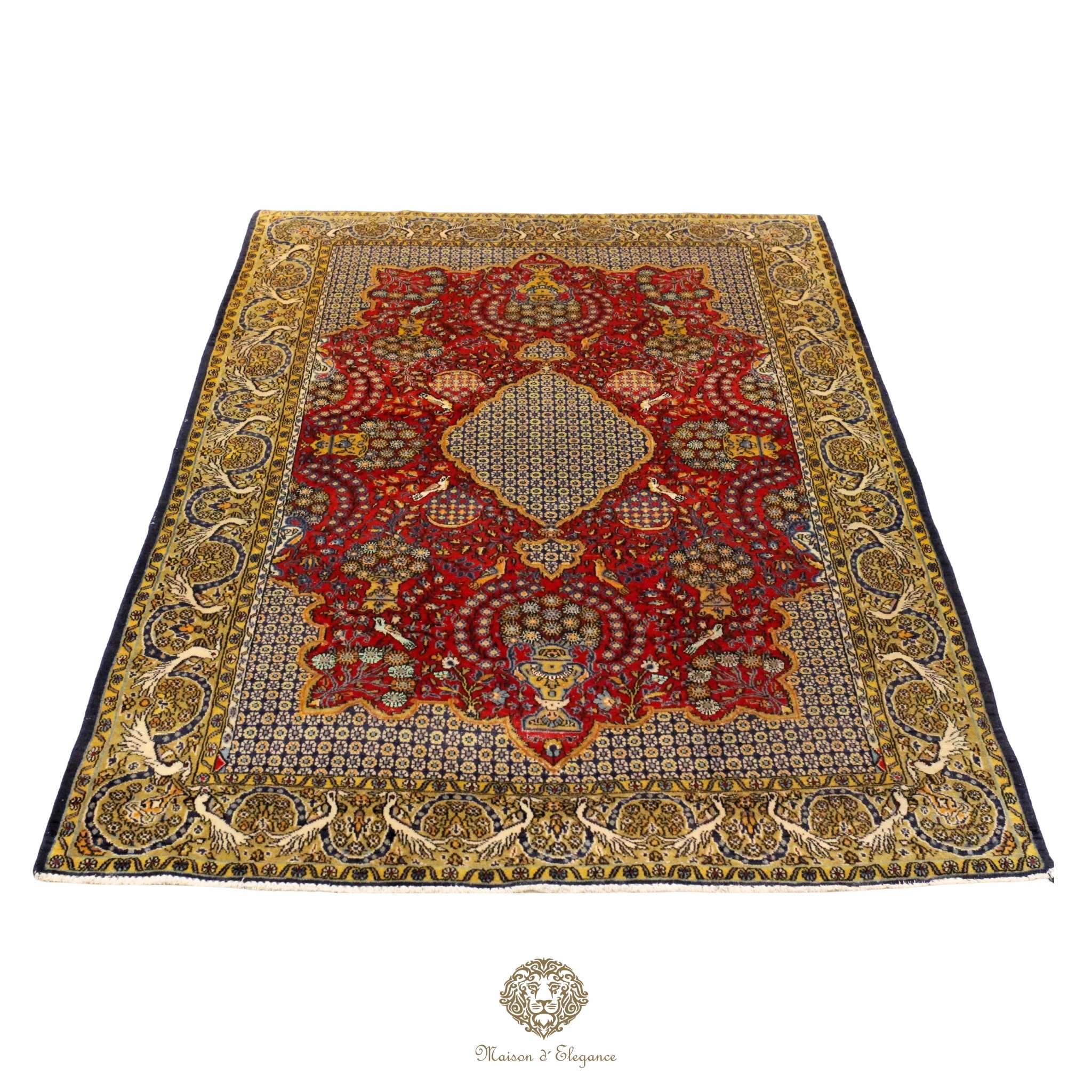 Decorative rug with intricate patterns on a red background