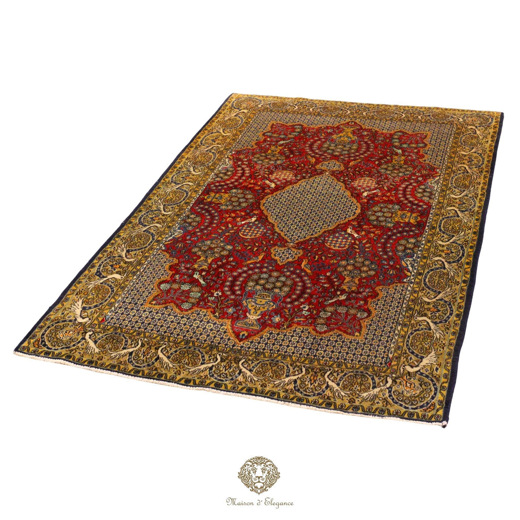 Decorative rug with intricate patterns on a red background