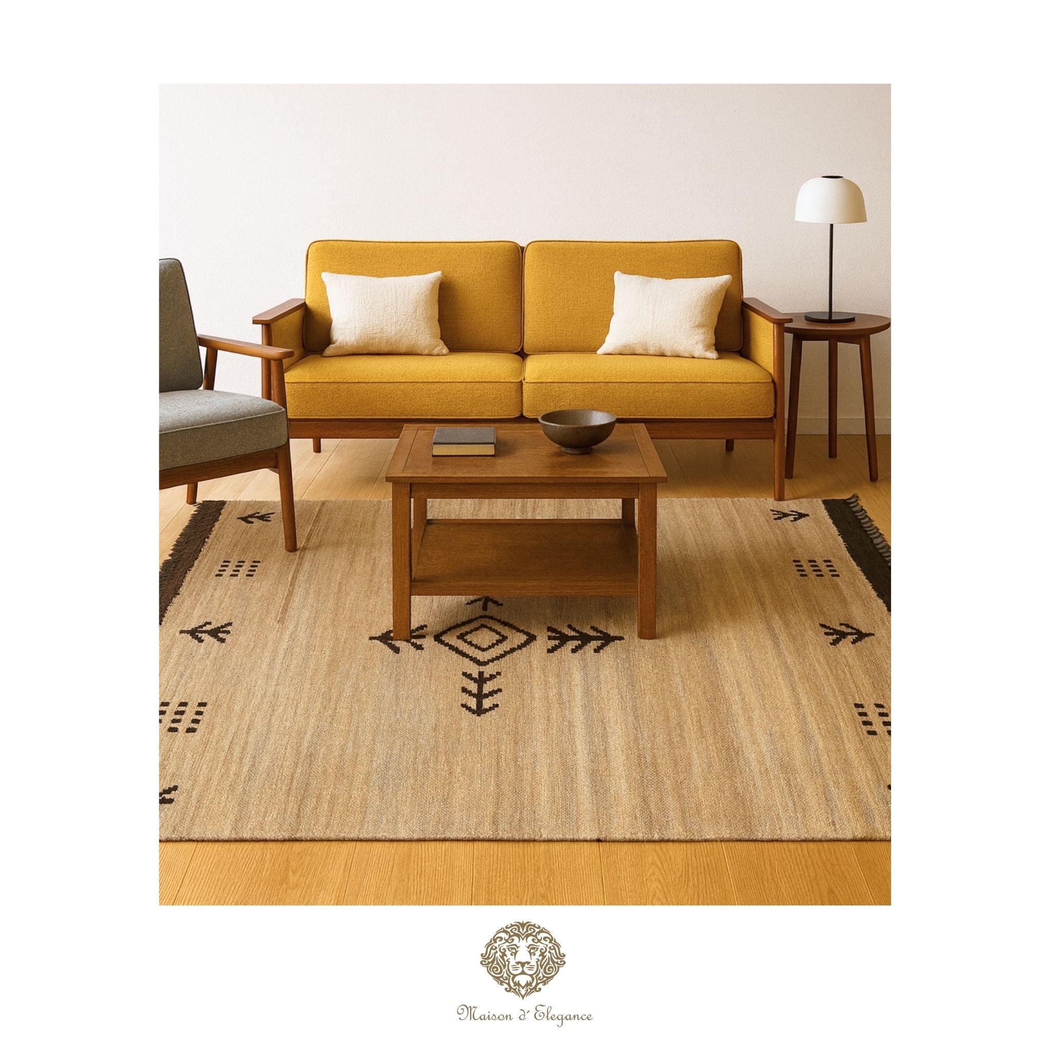 Yellow sofa with white cushions in a living room setting, featuring a wooden coffee table and side table.