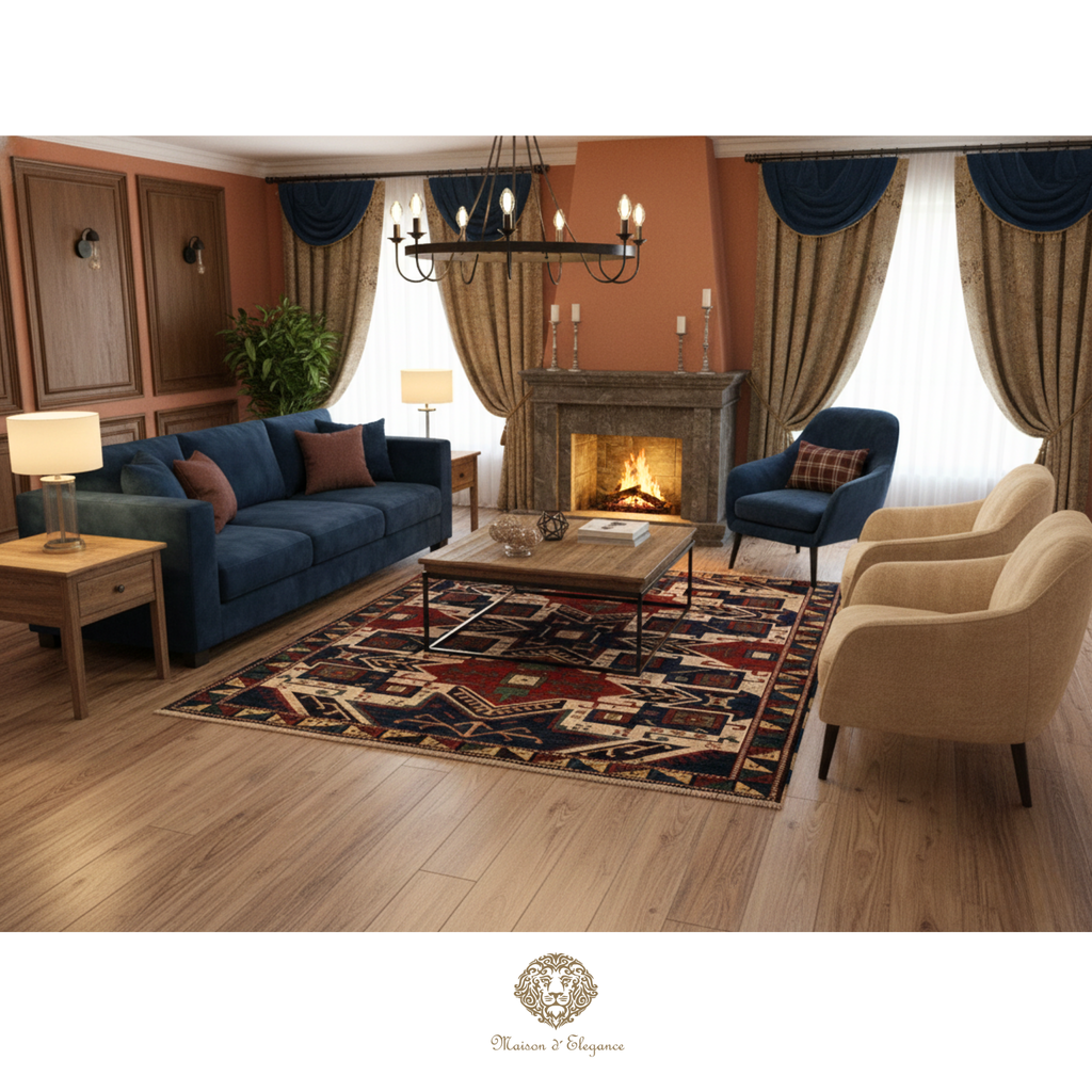 Alfombra Kazak Lana Rojo y Azul Tradicional 258 x 181 cm