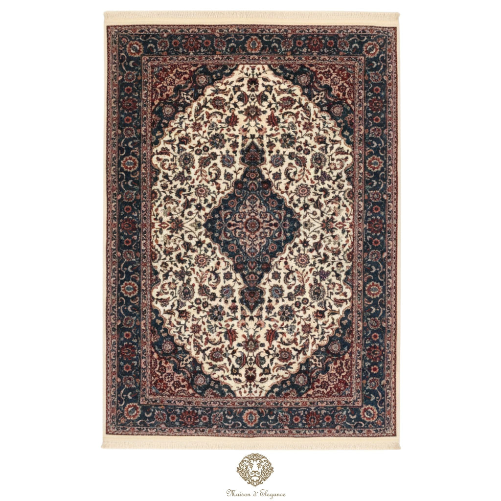 Alfombra Kirman Seda y Lana Medallón Central Diseño Floral 295 x 181 cm