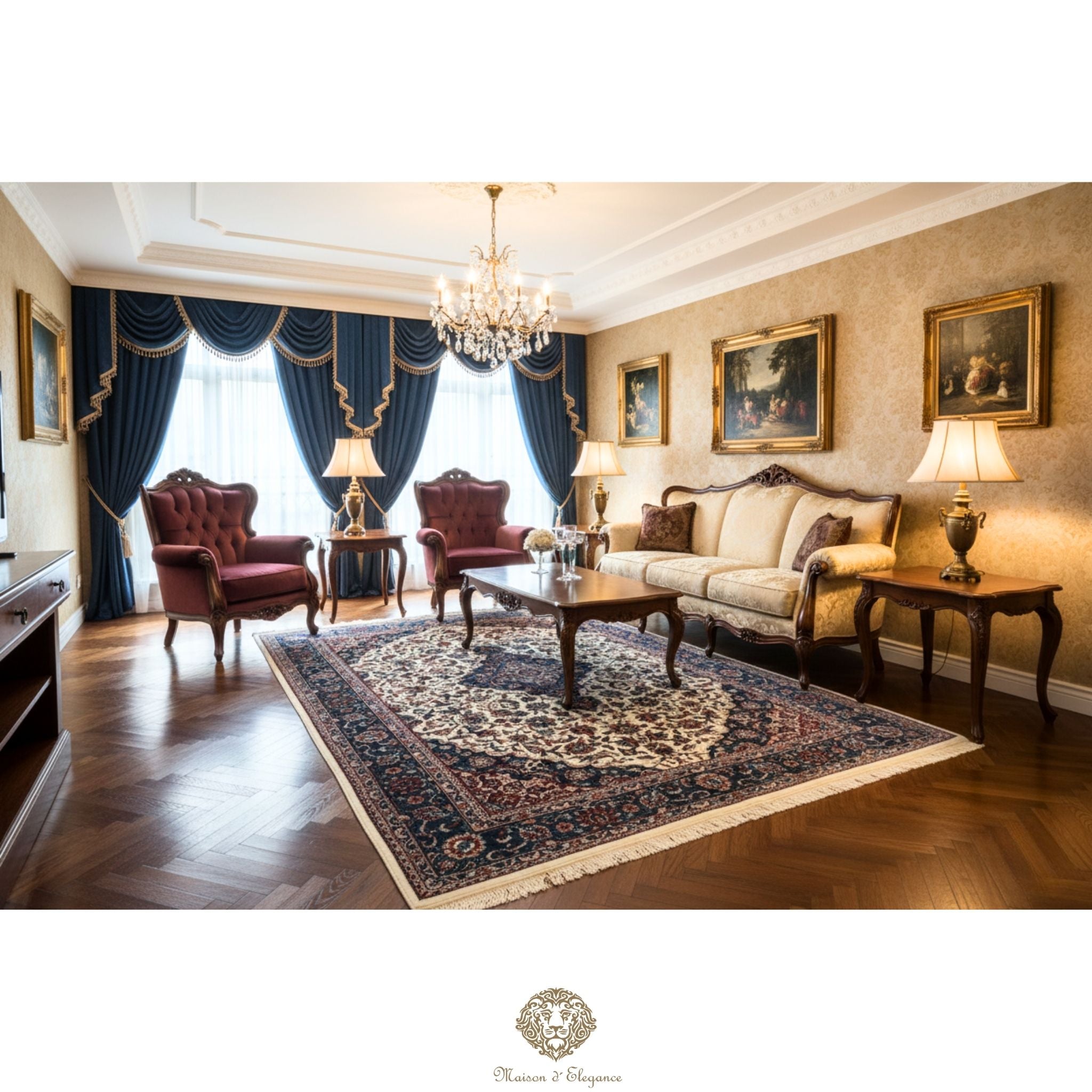 Alfombra Kirman Seda y Lana Medallón Central Diseño Floral 295 x 181 cm