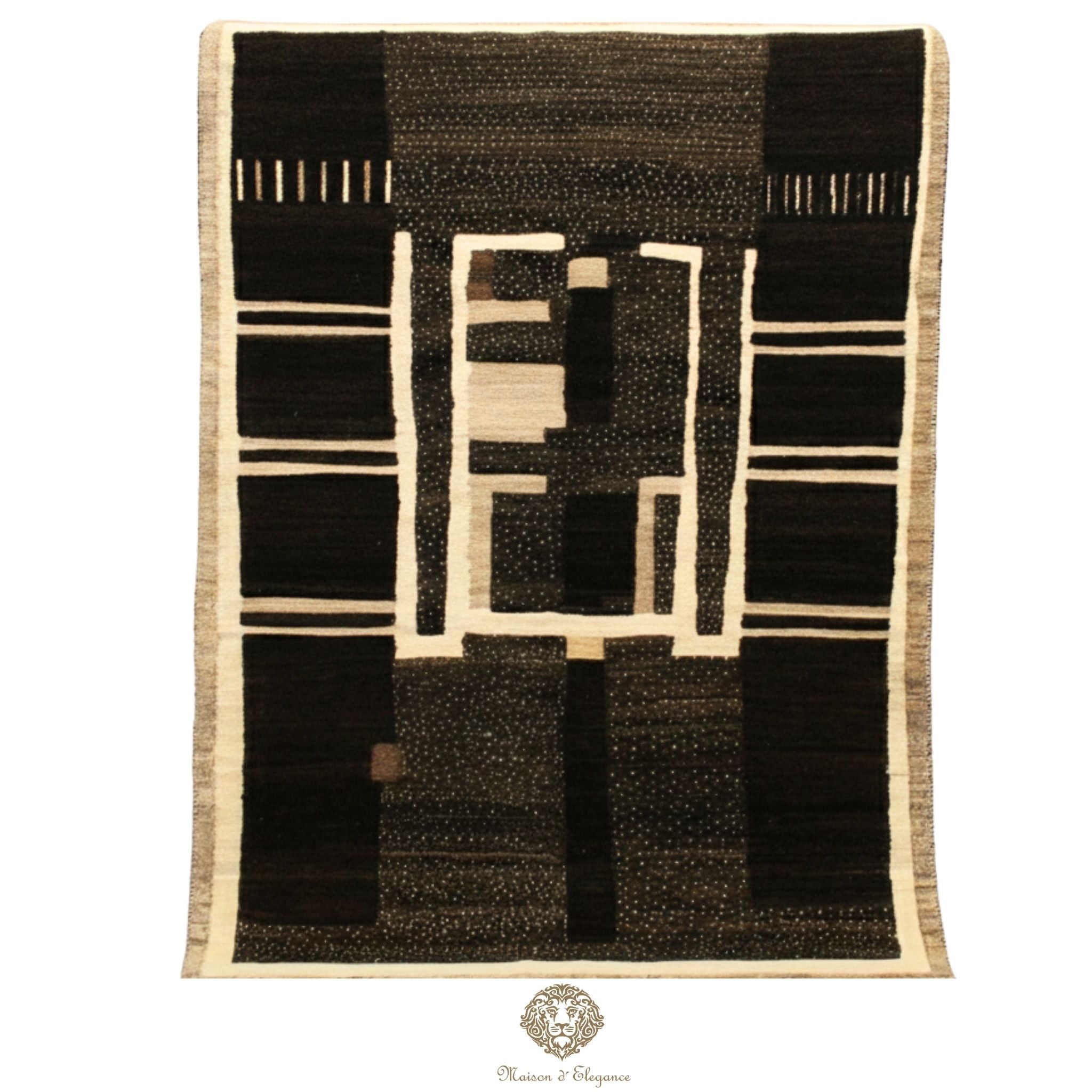 Rug with black and beige geometric pattern on a brown background
