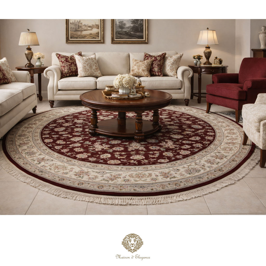 Living room with a round red and beige patterned rug, white sofa, and wooden coffee table.