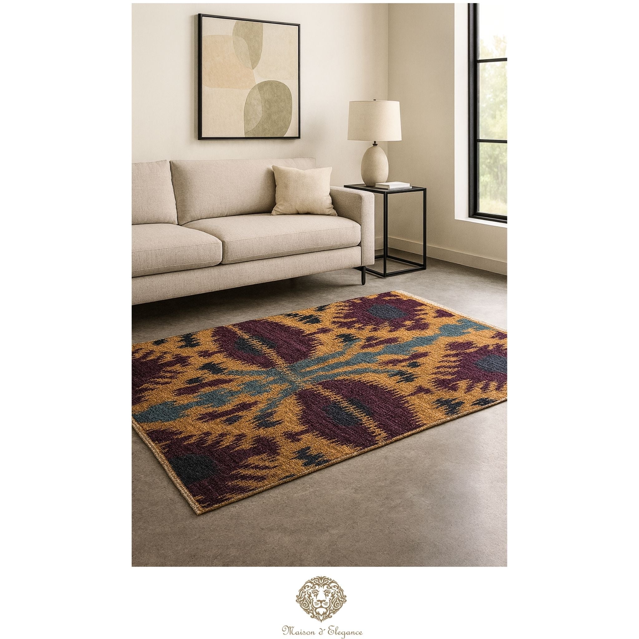 Alfombra Moderna Ikat de Lana Natural - Diseño Geométrico Artesanal 190 x 116 cm