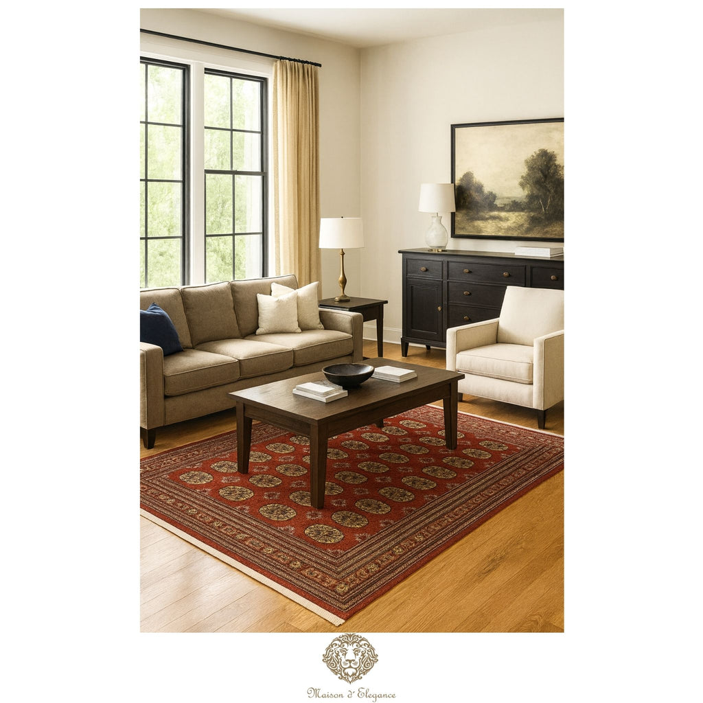 Living room with a beige sofa, coffee table, and armchair on a red patterned rug.