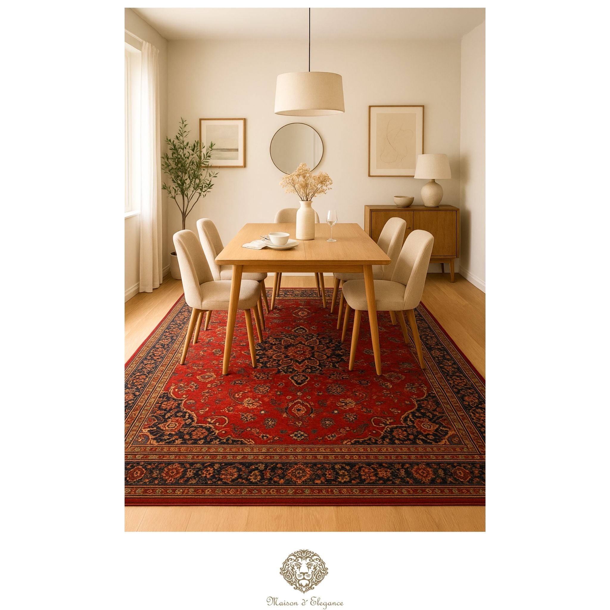 Dining room with a red patterned rug, wooden table, and white chairs.