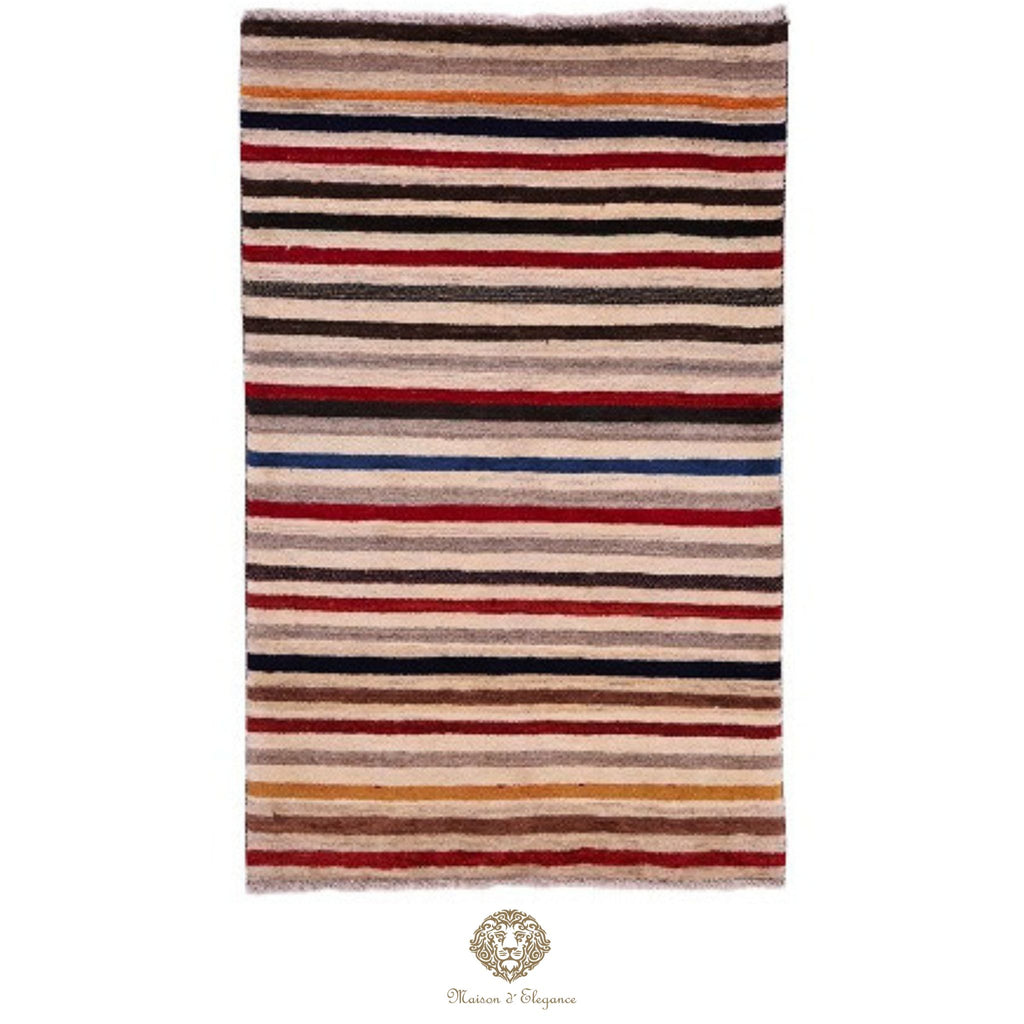 Striped rug with multicolor pattern on a white background