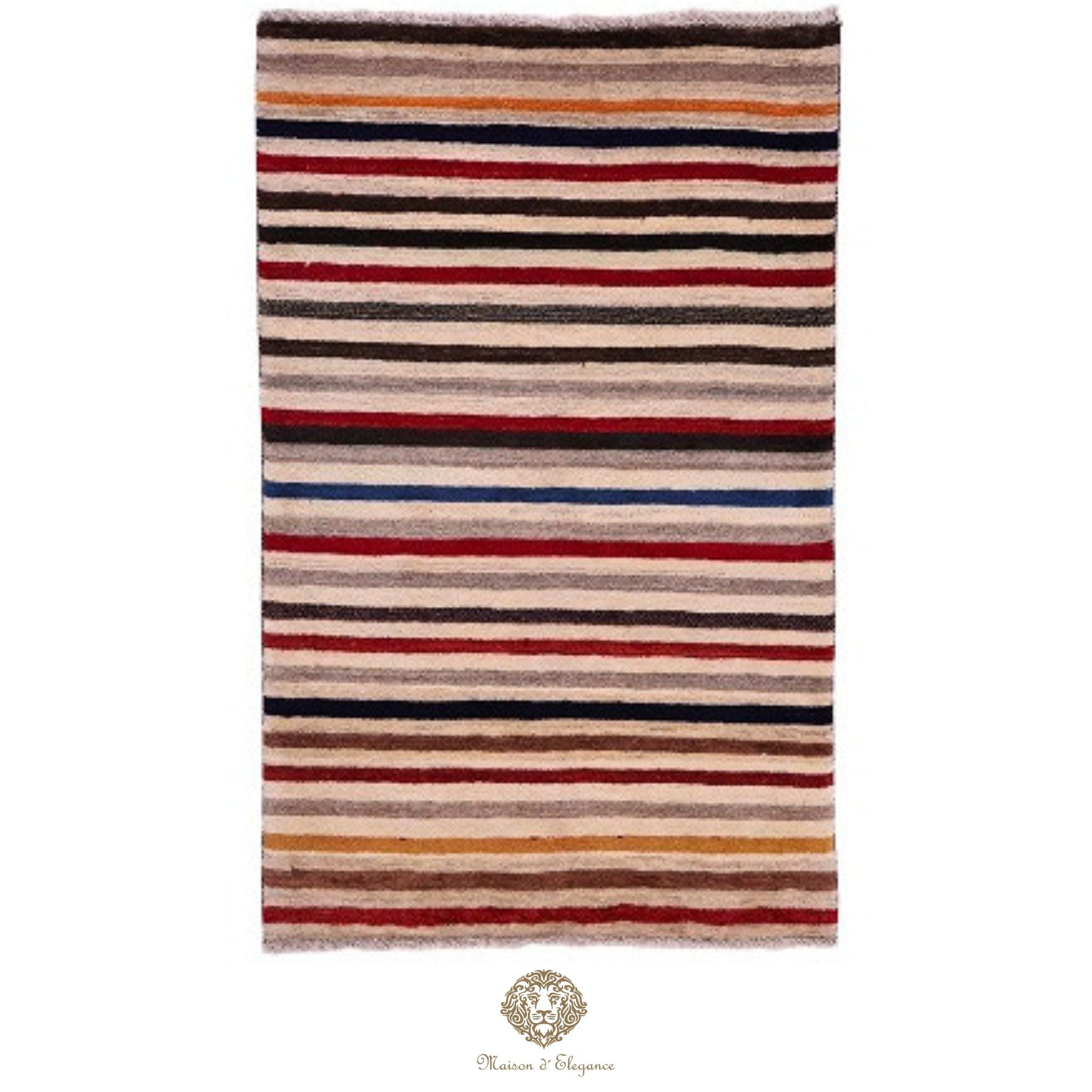 Striped rug with multicolor pattern on a white background