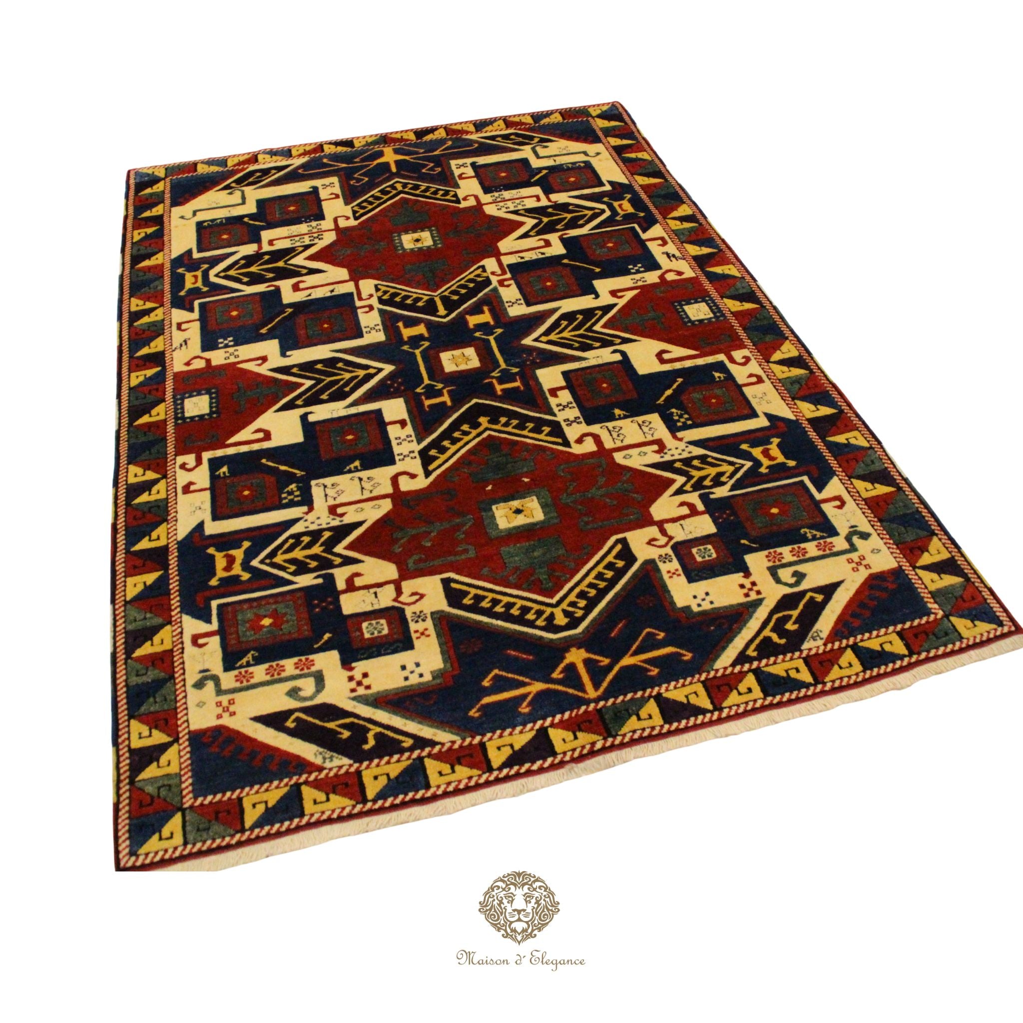 Alfombra Kazak Lana Rojo y Azul Tradicional 258 x 181 cm