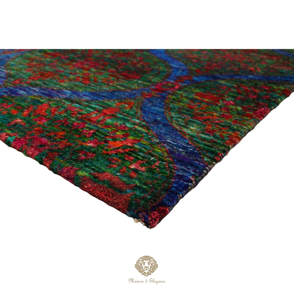 Colorful patterned fabric with a brand logo in the corner