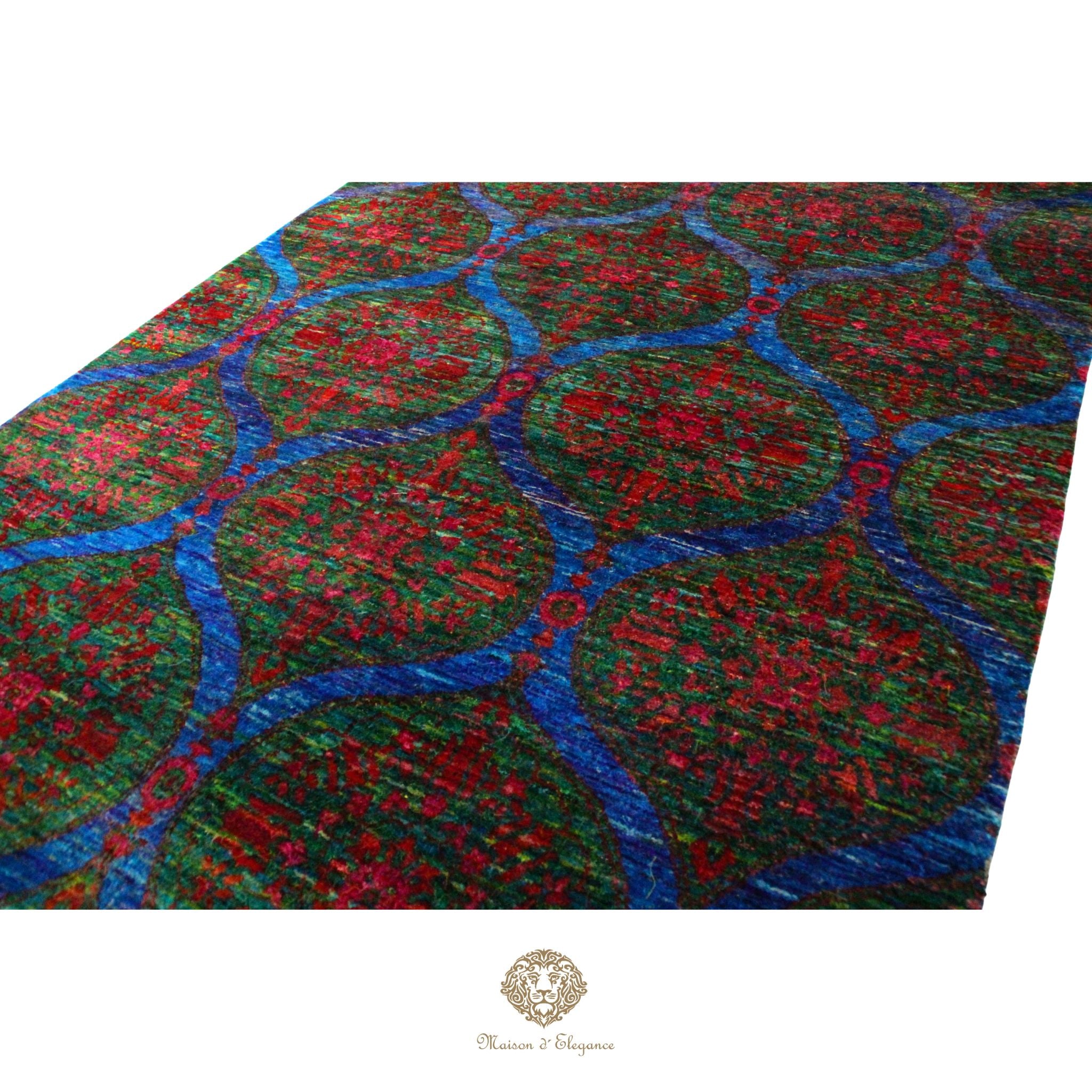 Patterned fabric with red and blue design on a white background
