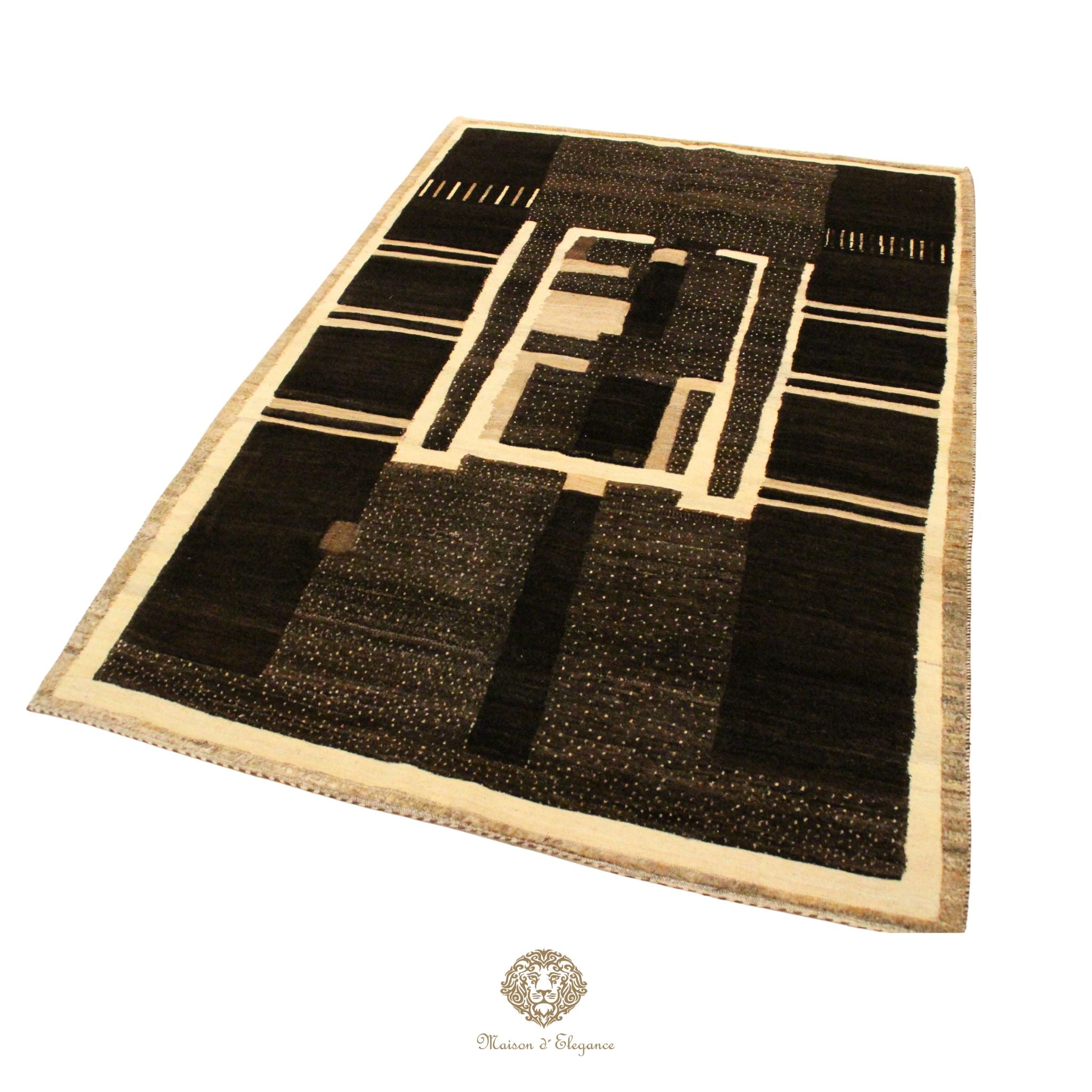 Black and beige patterned rug on a white background