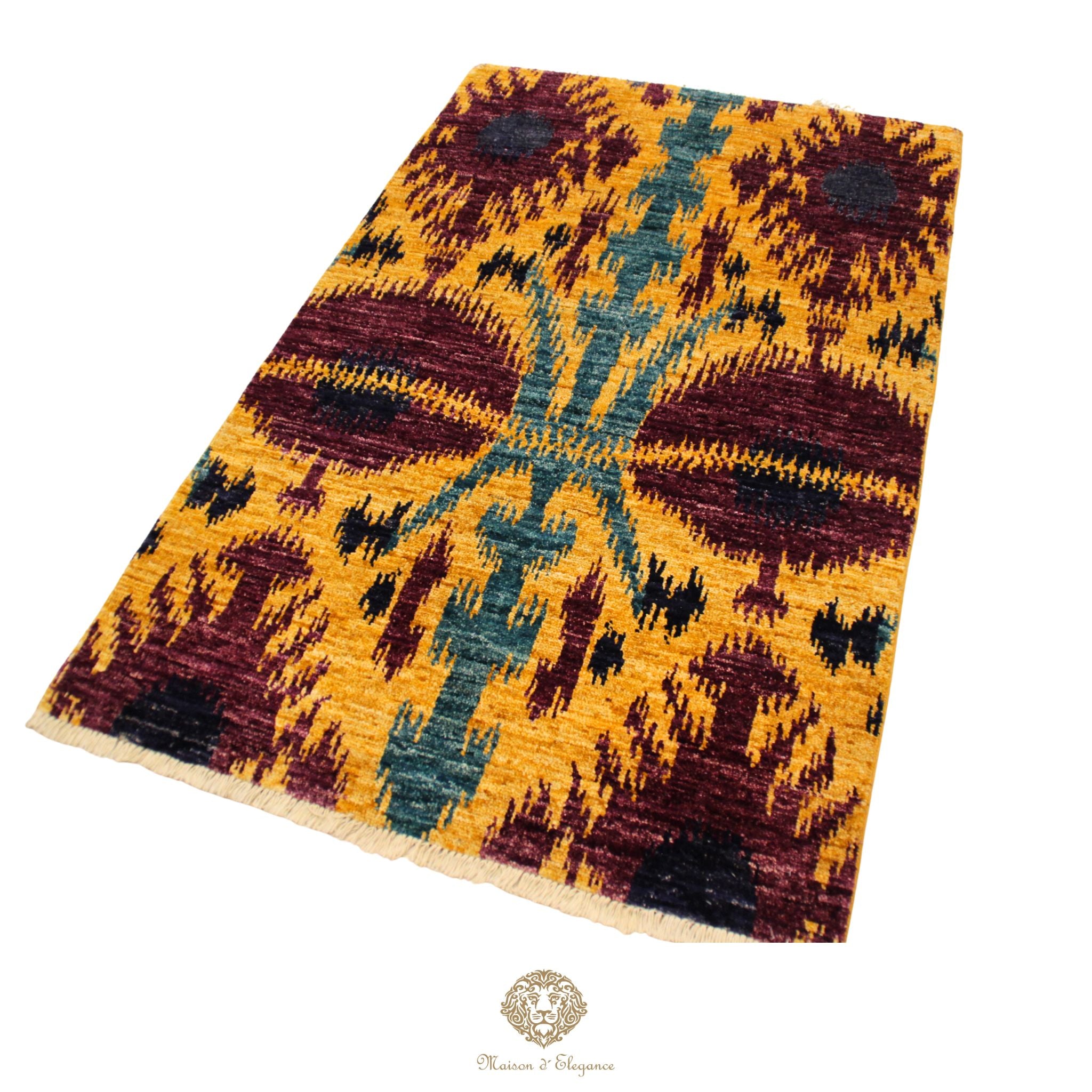 Alfombra Moderna Ikat de Lana Natural - Diseño Geométrico Artesanal 190 x 116 cm