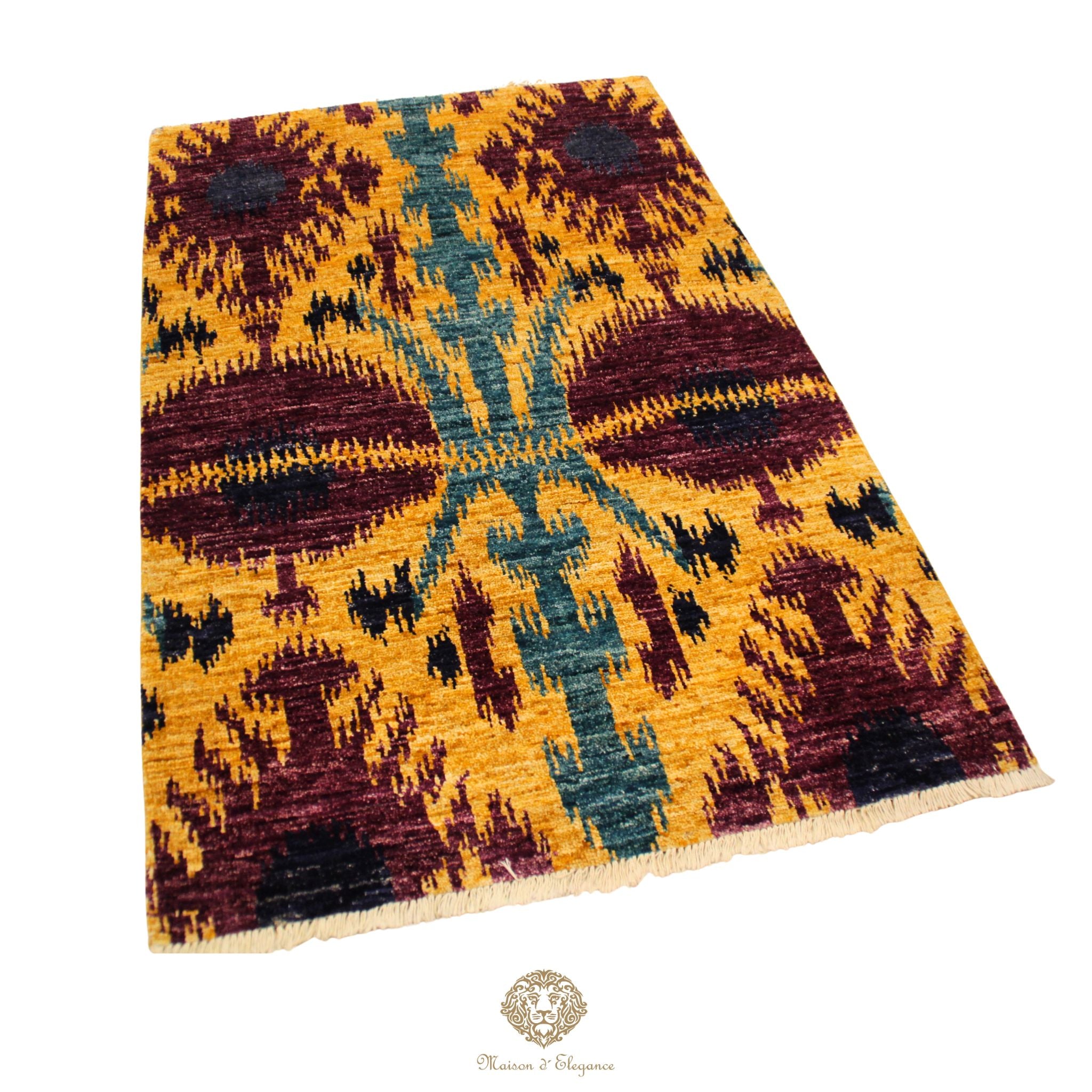 Alfombra Moderna Ikat de Lana Natural - Diseño Geométrico Artesanal 190 x 116 cm