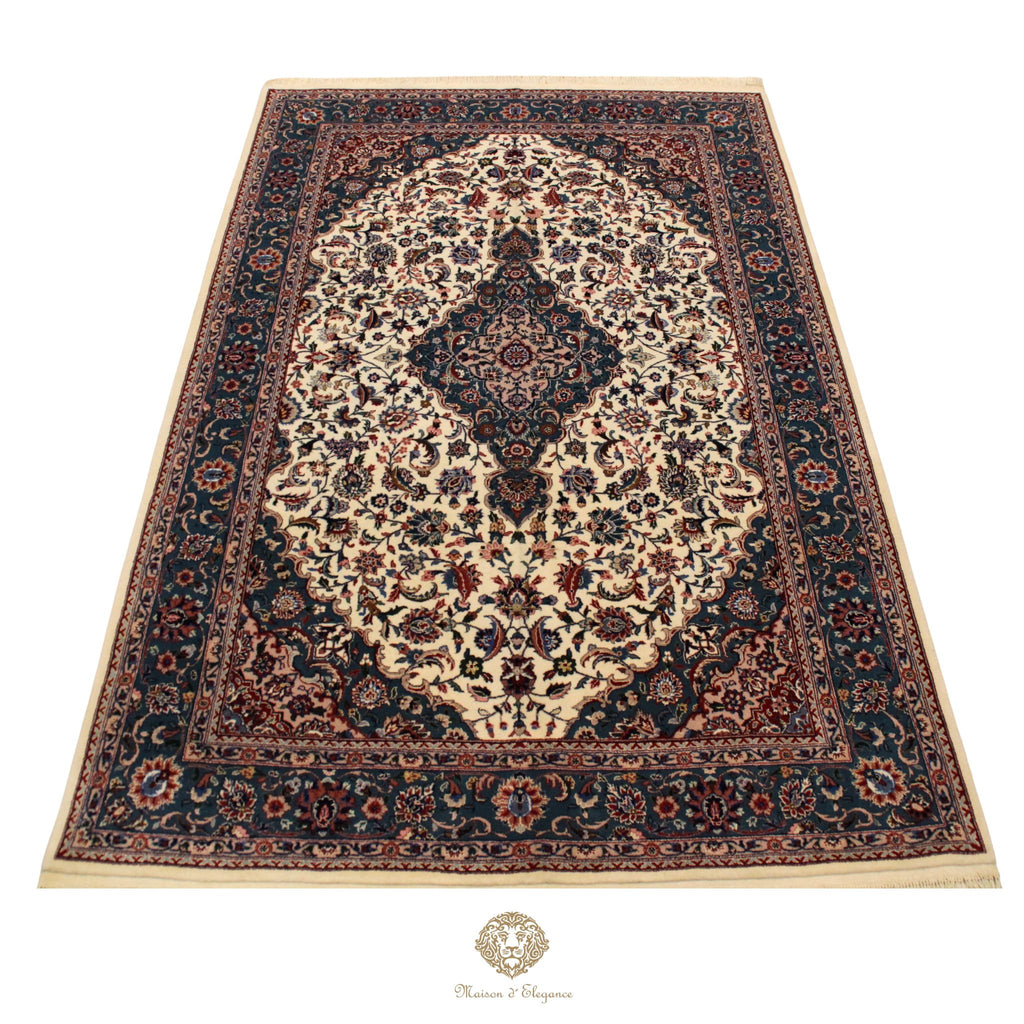 Alfombra Kirman Seda y Lana Medallón Central Diseño Floral 295 x 181 cm