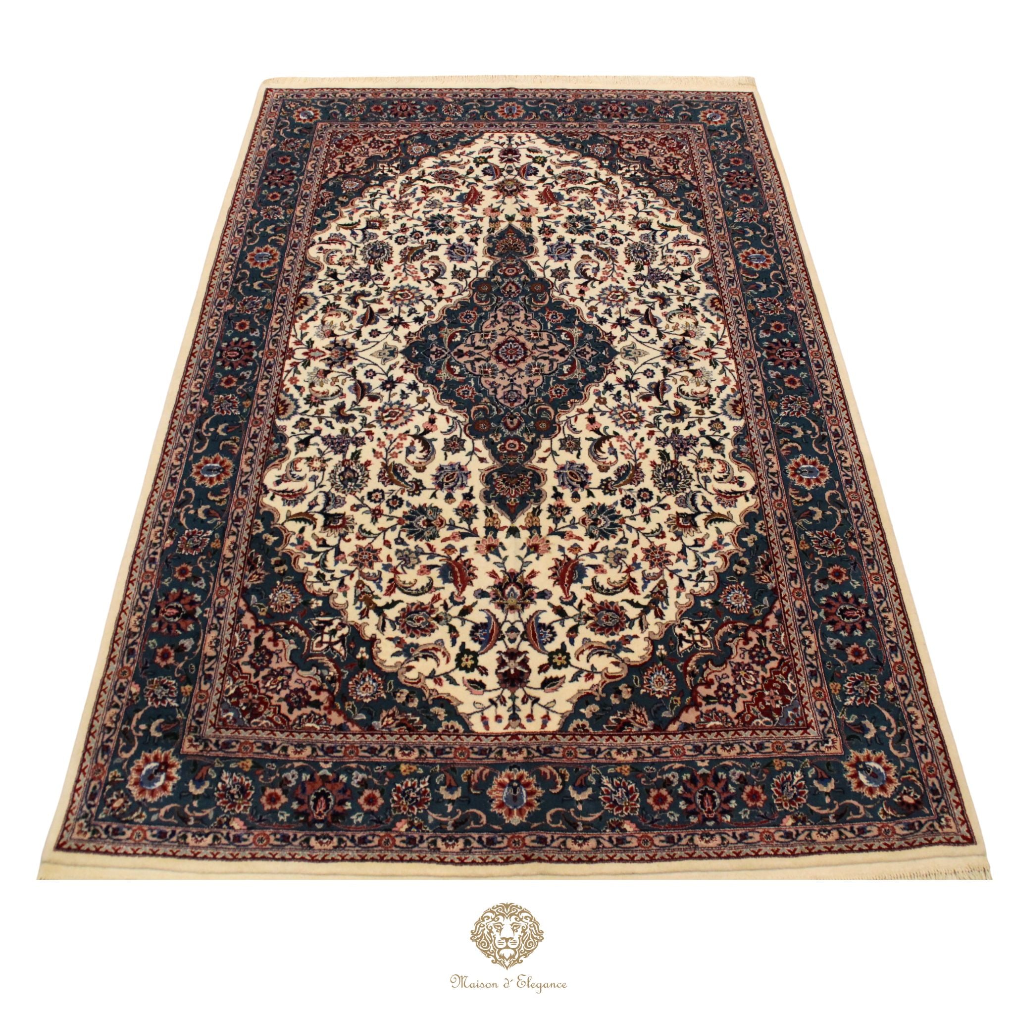 Alfombra Kirman Seda y Lana Medallón Central Diseño Floral 295 x 181 cm