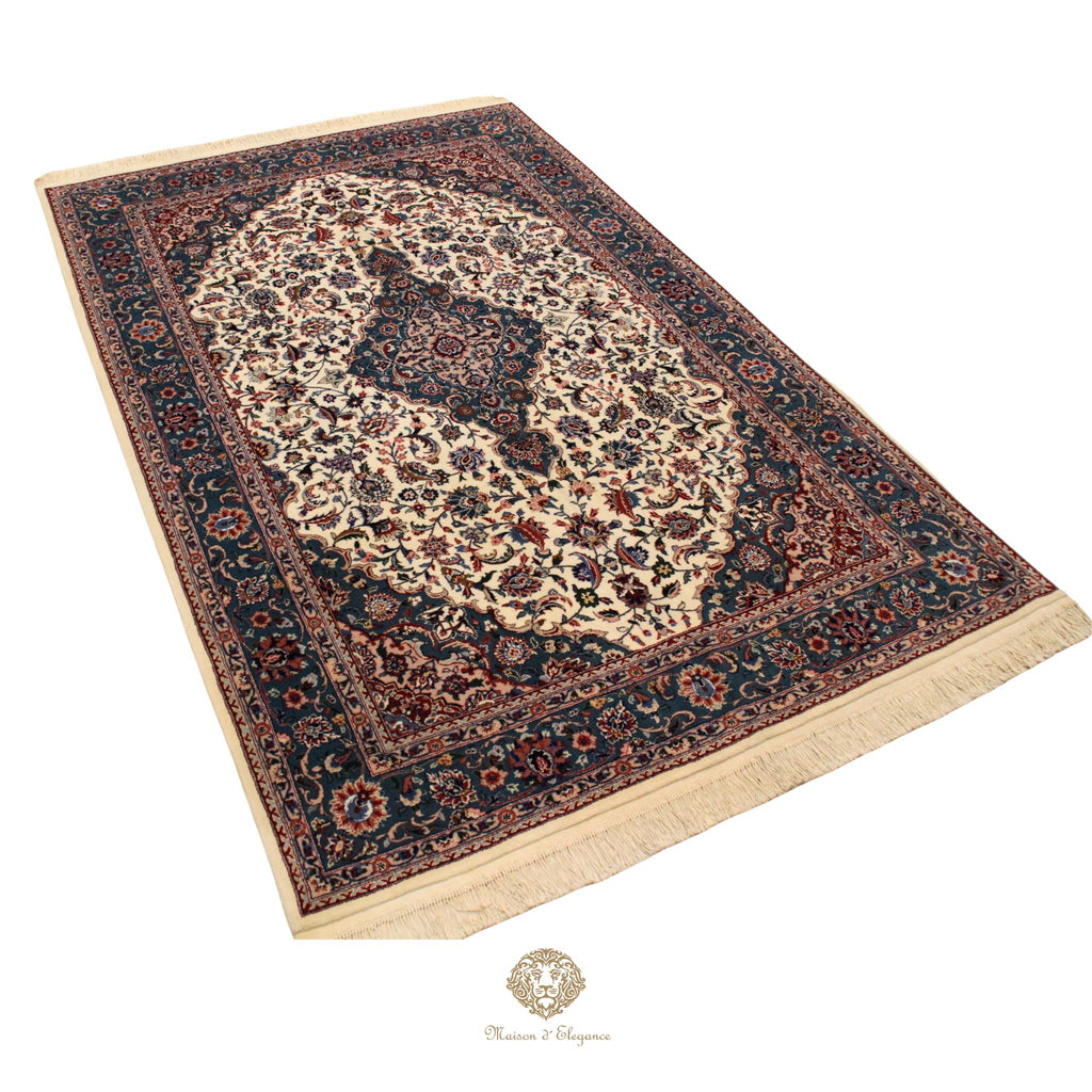 Alfombra Kirman Seda y Lana Medallón Central Diseño Floral 295 x 181 cm