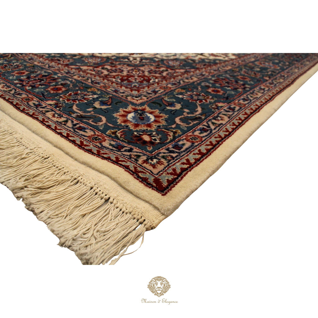 Alfombra Kirman Seda y Lana Medallón Central Diseño Floral 295 x 181 cm