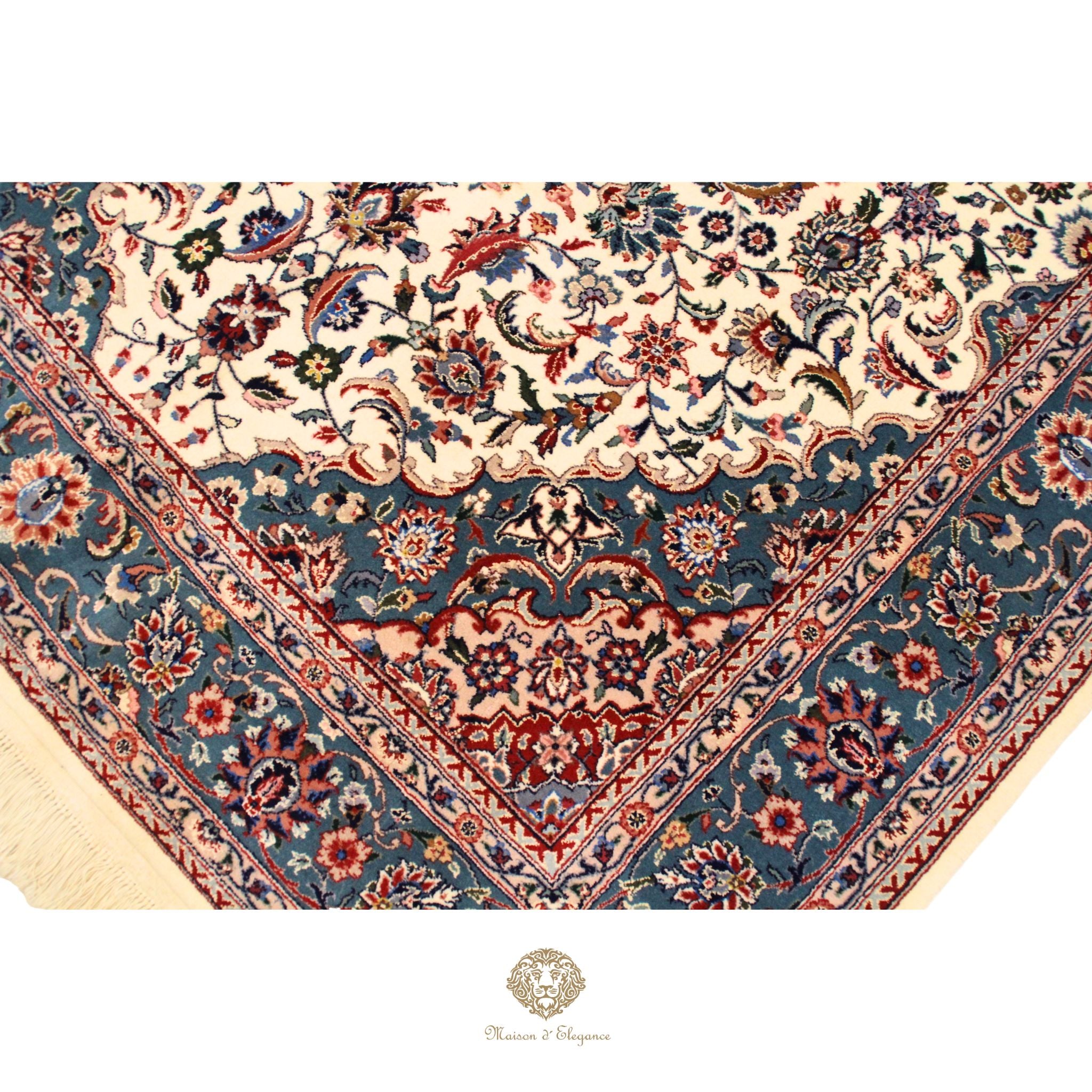 Alfombra Kirman Seda y Lana Medallón Central Diseño Floral 295 x 181 cm