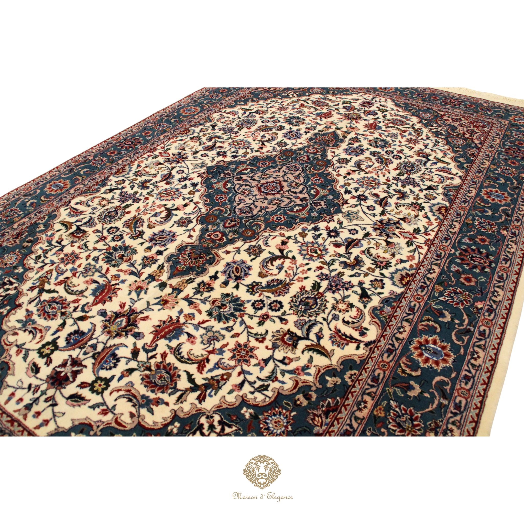 Alfombra Kirman Seda y Lana Medallón Central Diseño Floral 295 x 181 cm